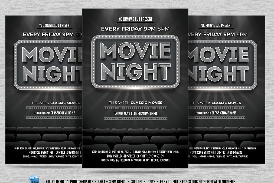 电影之夜海报制作模板 Movie Night Flyer