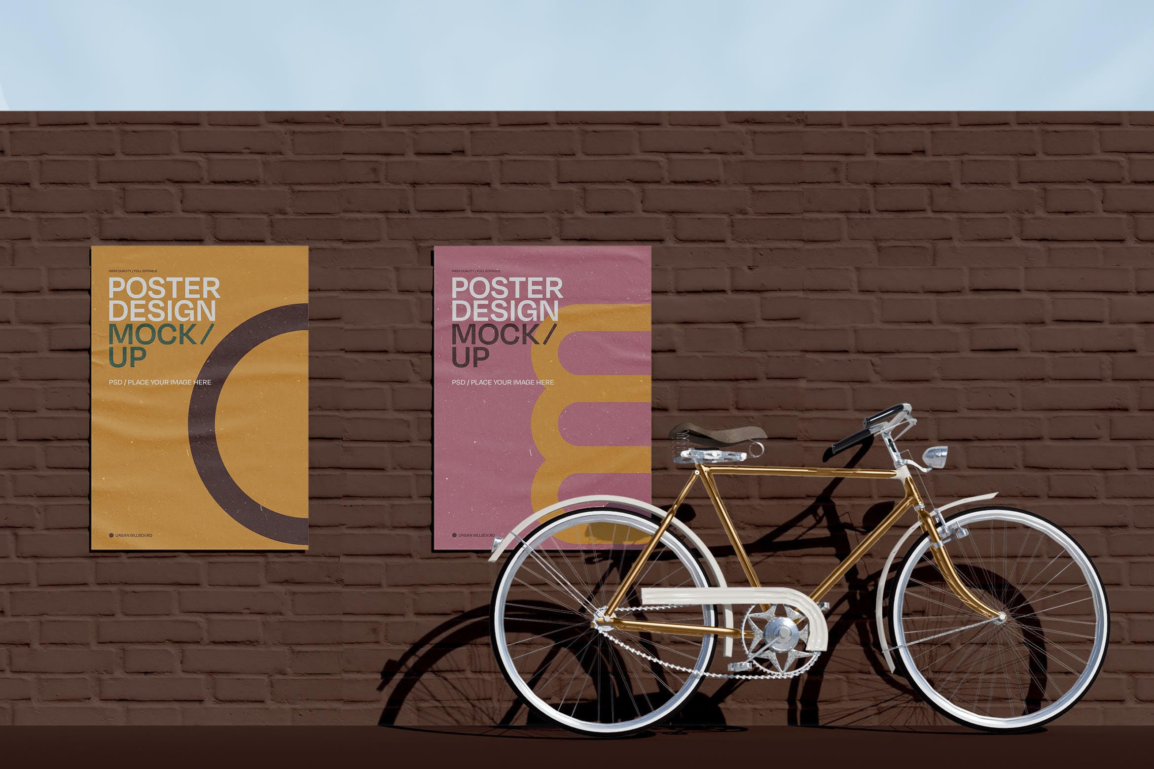 自行车场景砖墙双海报样机 Two Posters with Bike Mockup