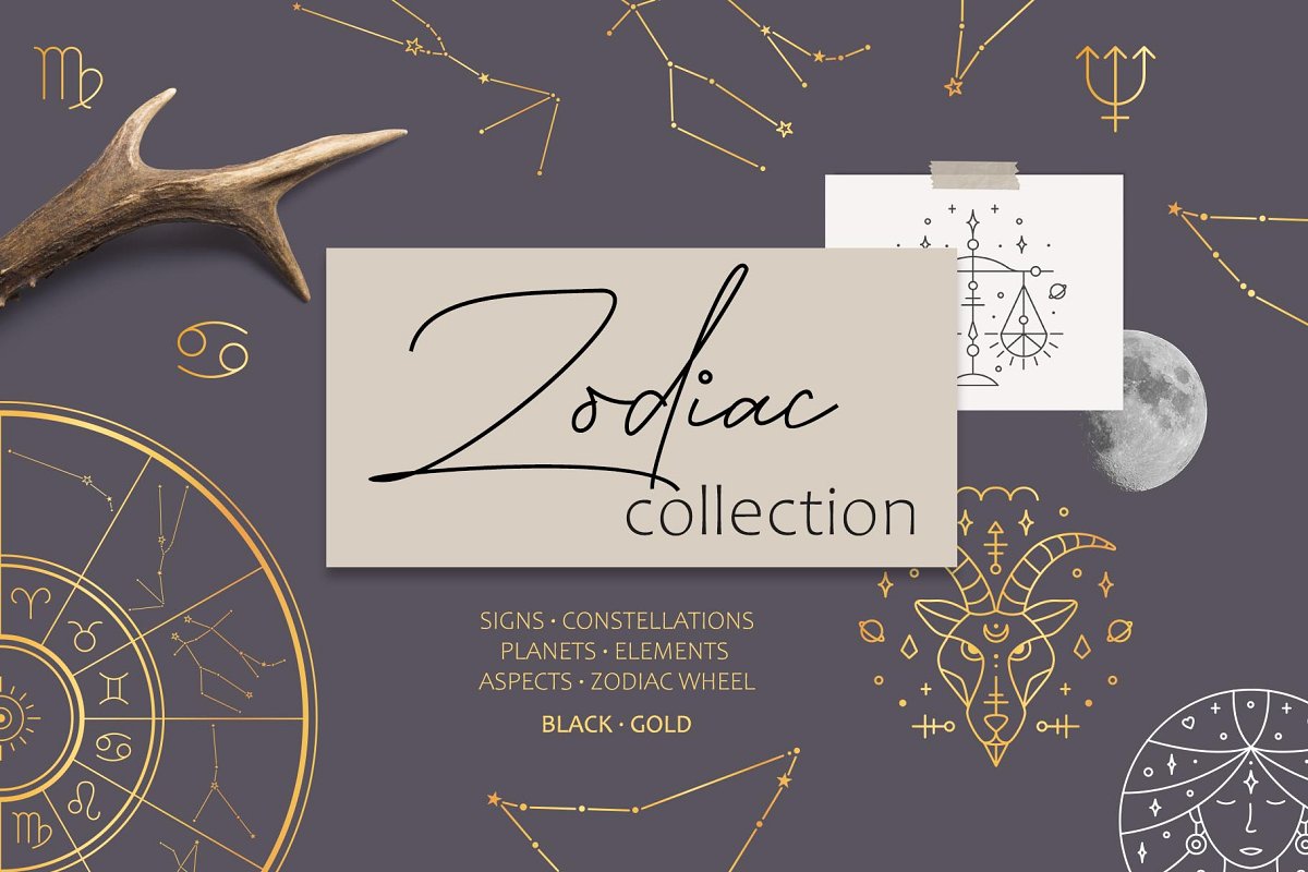 黄道十二宫和星座图标&插画素材