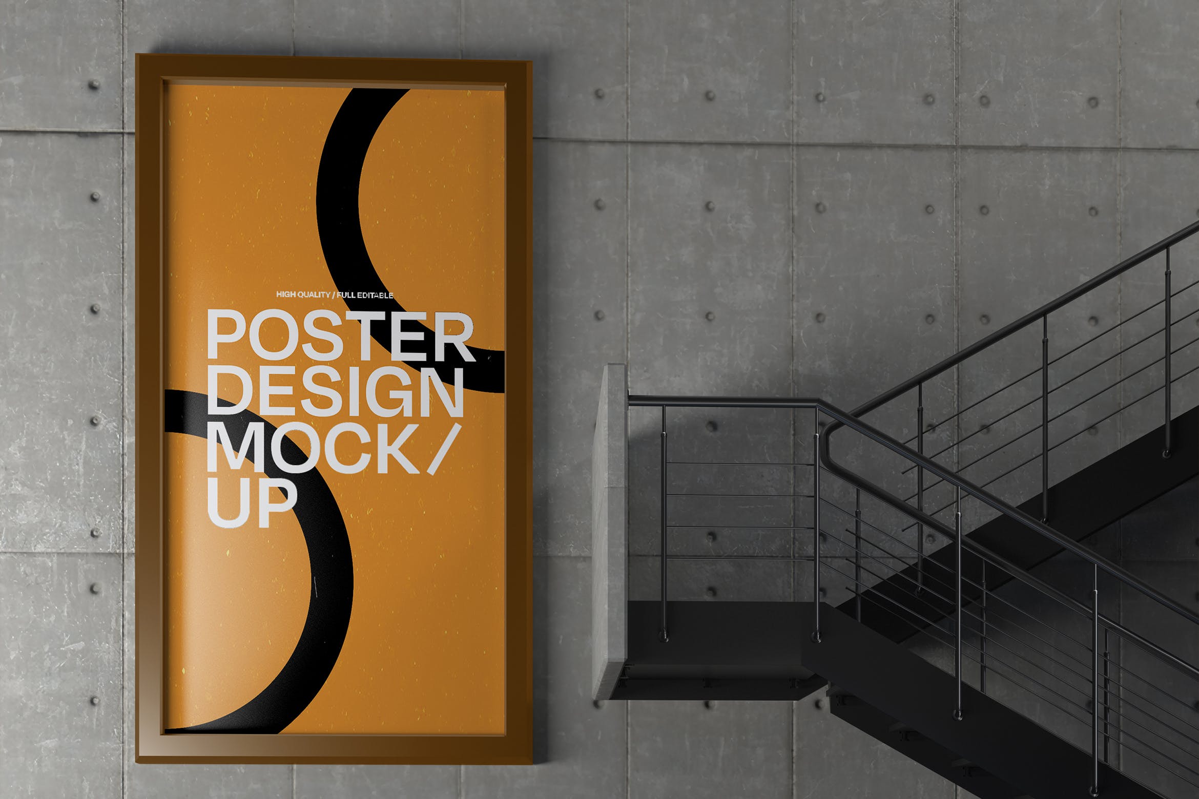 石墙矩形框架广告海报样机 Rectangular Poster on Wall Mockup