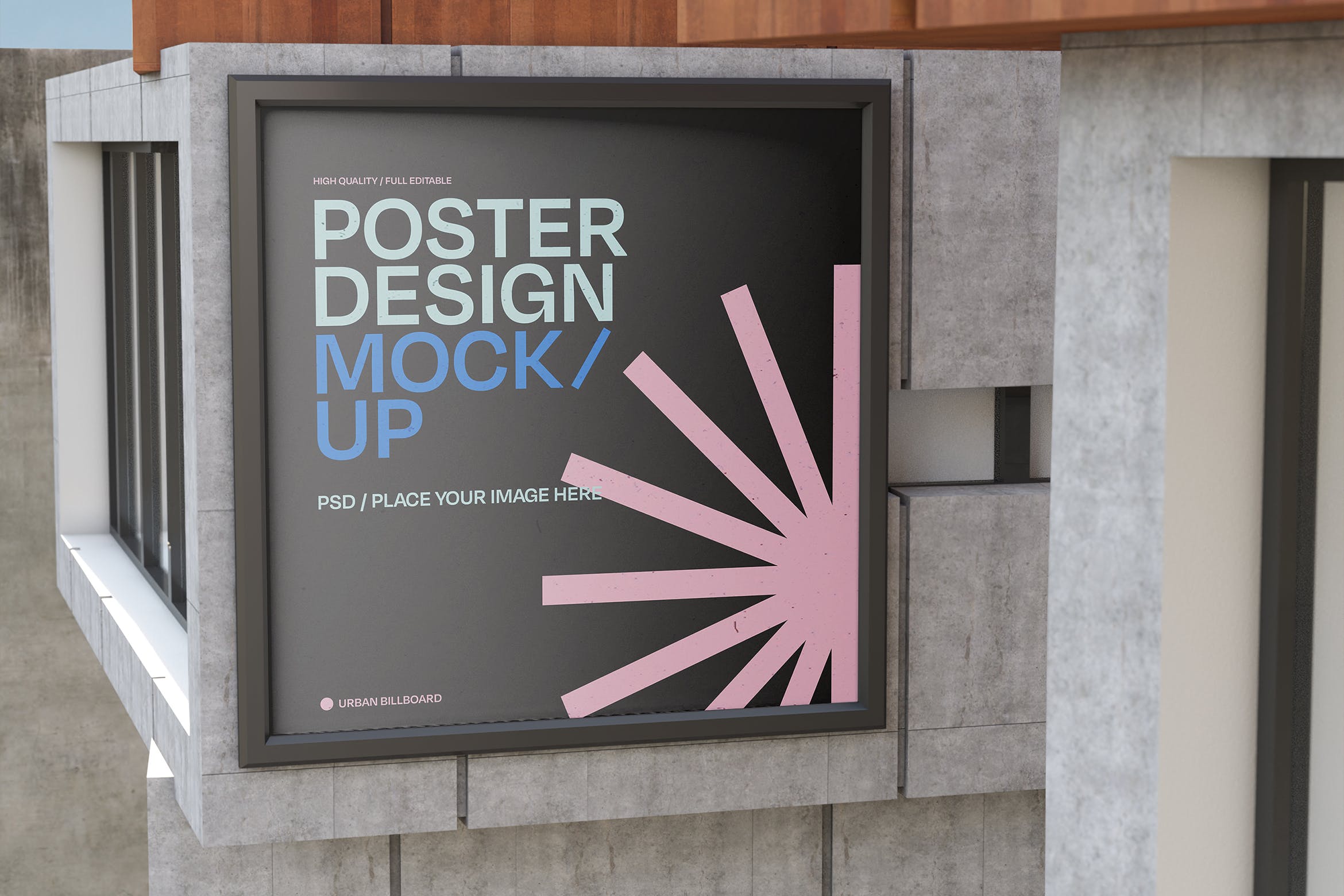 建筑外墙方形广告海报样机 Square Poster on Wall Mockup