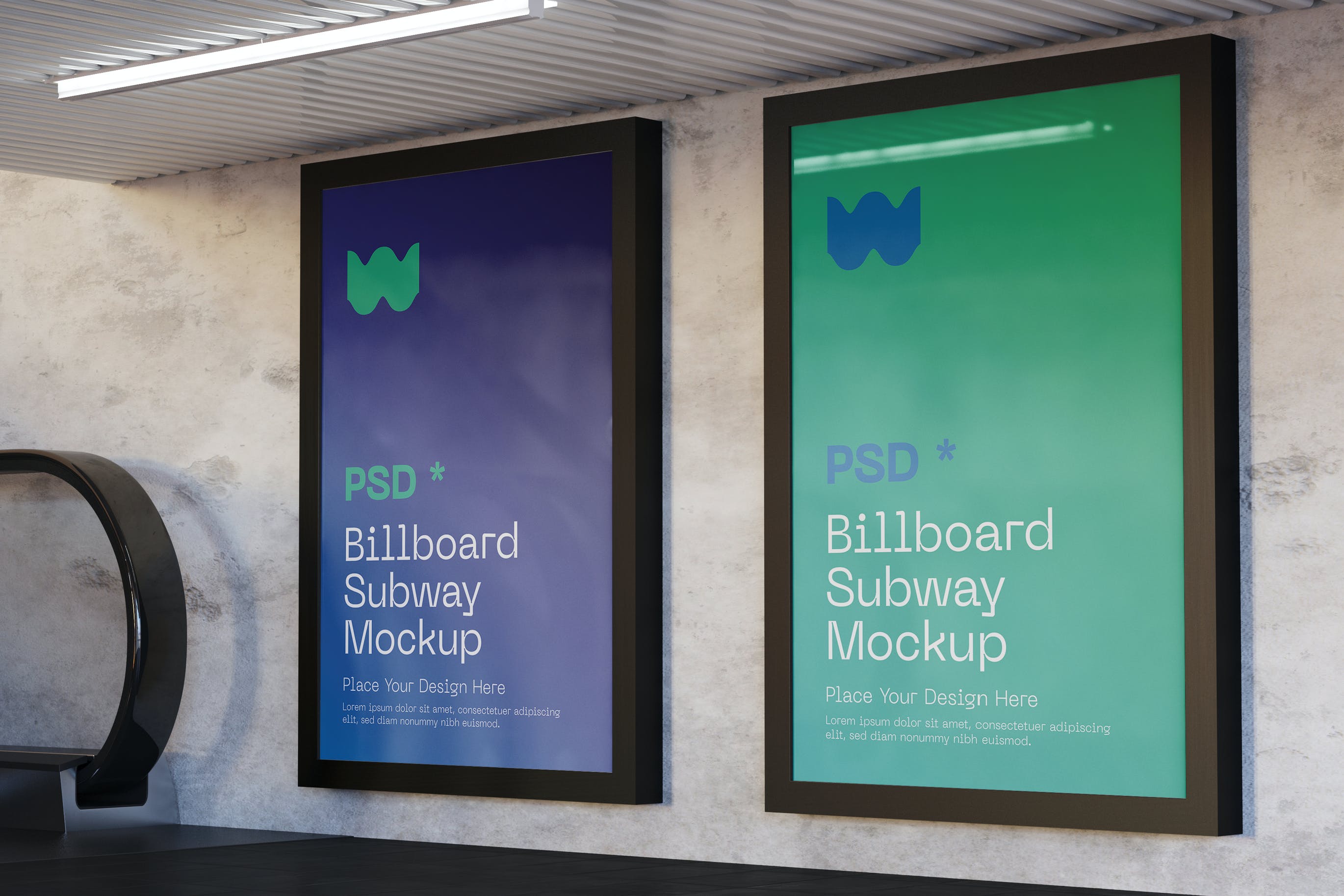 地铁手扶梯旁两个垂直广告样机 Two Vertical Subway Advertisement Mockup