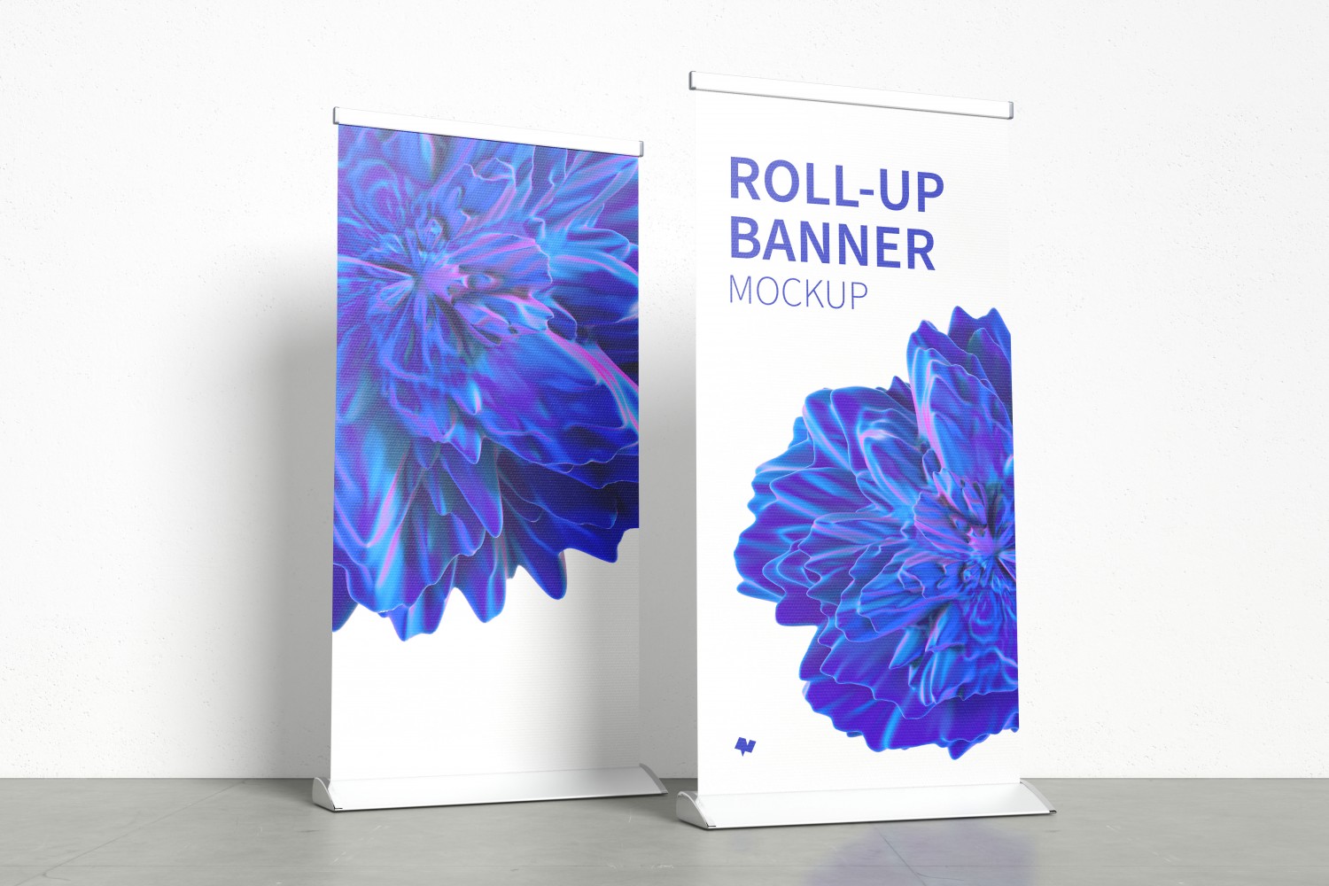 广告展示站立式Banner易拉宝样机模板 Standing Roll-Up Banners Mockup with a Background Wall