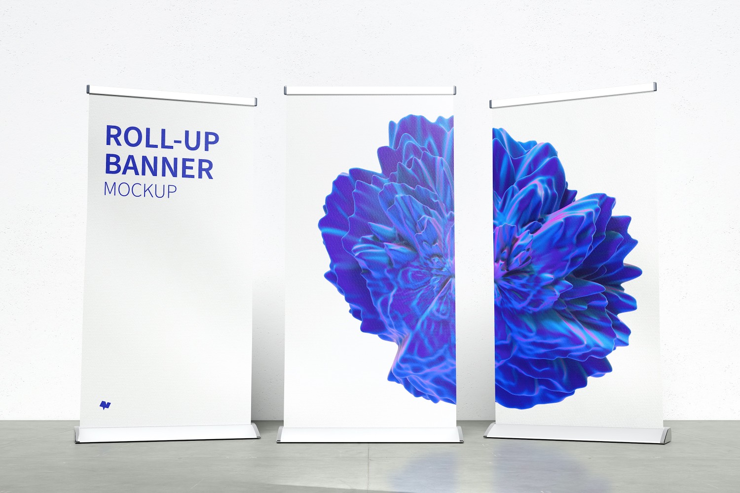 广告展示站立式Banner易拉宝样机模板v2 Standing Roll-Up Banners Mockup with a Background Wall 02