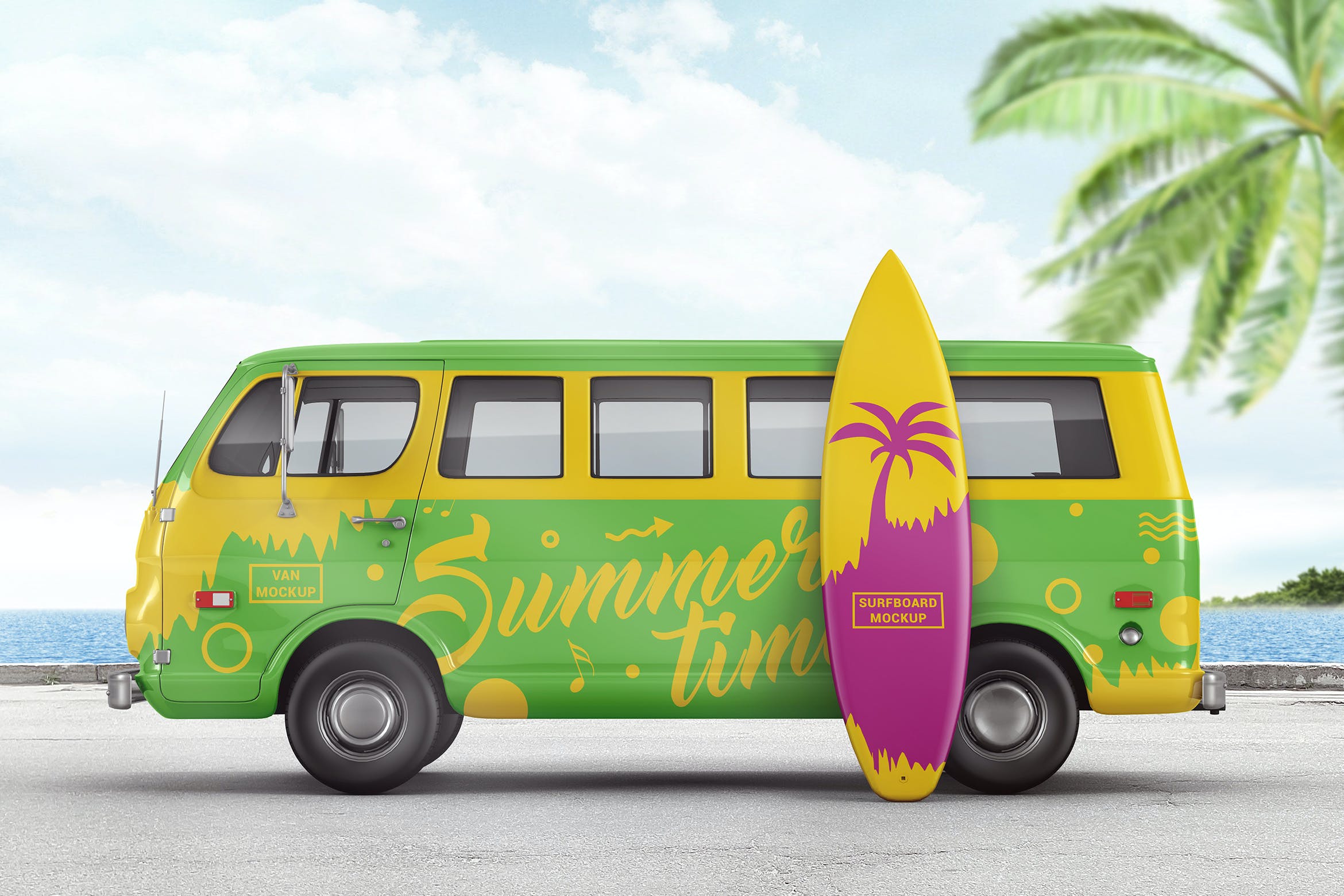 货车&冲浪板品牌设计样机模板 Van With Surfboard Branding Mockup