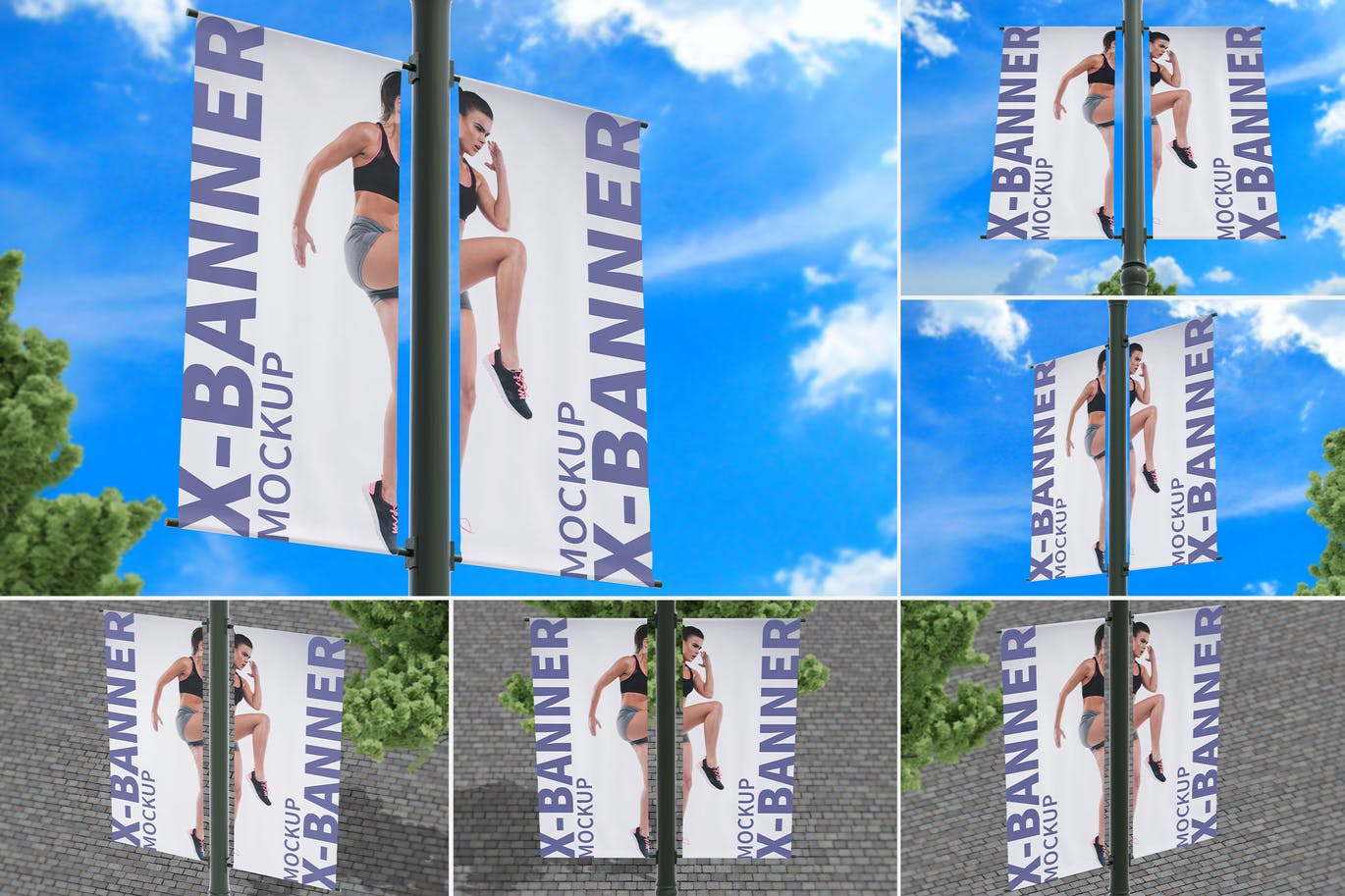 街道路灯杆Banner横幅设计样机 Street Pole Banner Mockup