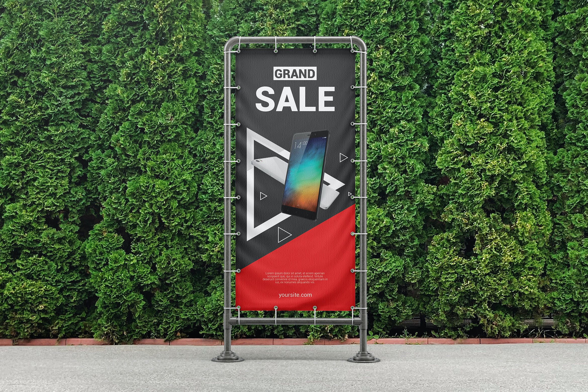 金属框架乙烯基横幅广告设计样机 Vinyl Banner On Metal Frame Mockup