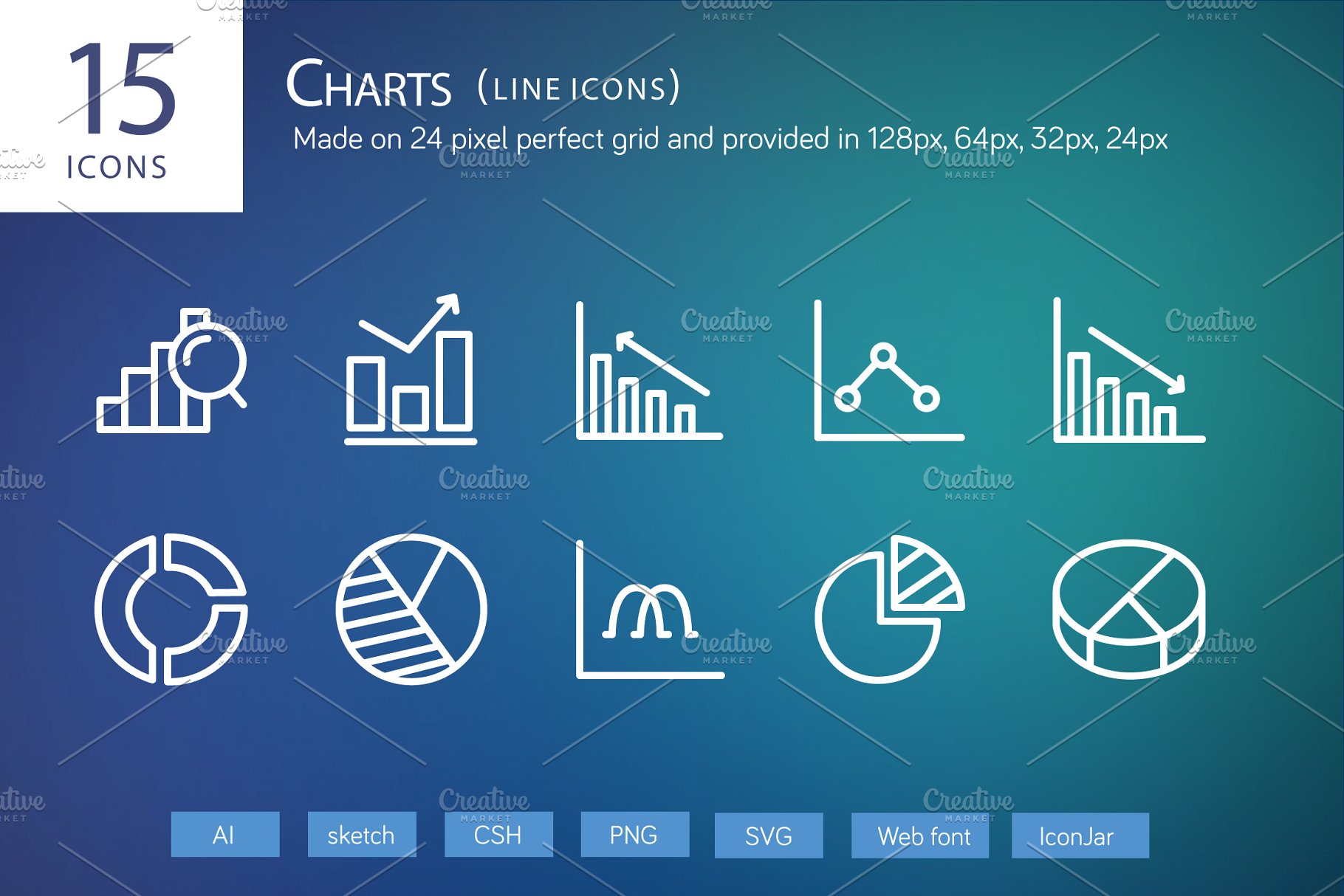 图表细线图标 15 Charts Line Icons
