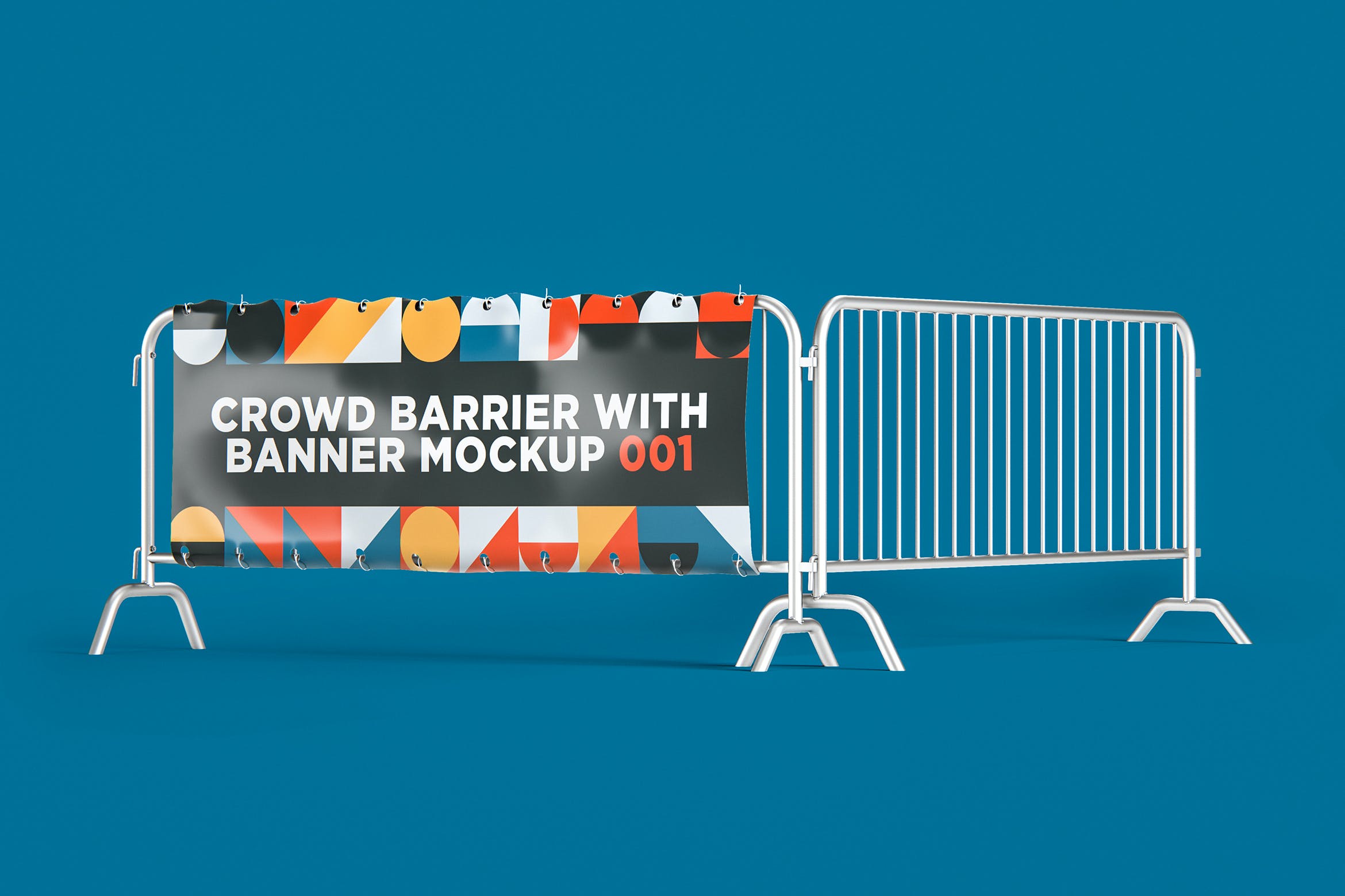 悬挂式栏杆广告横幅效果图样机V.1 Crowd Barrier with Banner Mockup 001