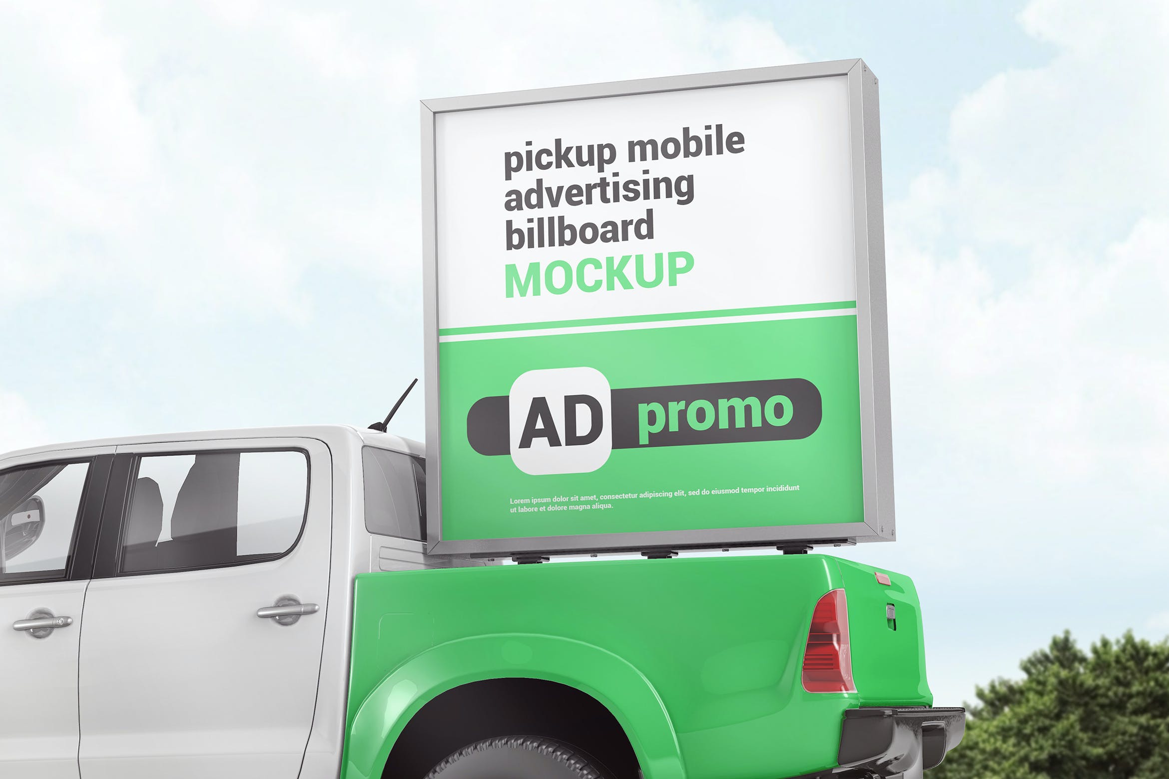 皮卡车移动广告牌效果图样机模板 Pickup Mobile Advertising Billboard Mockup