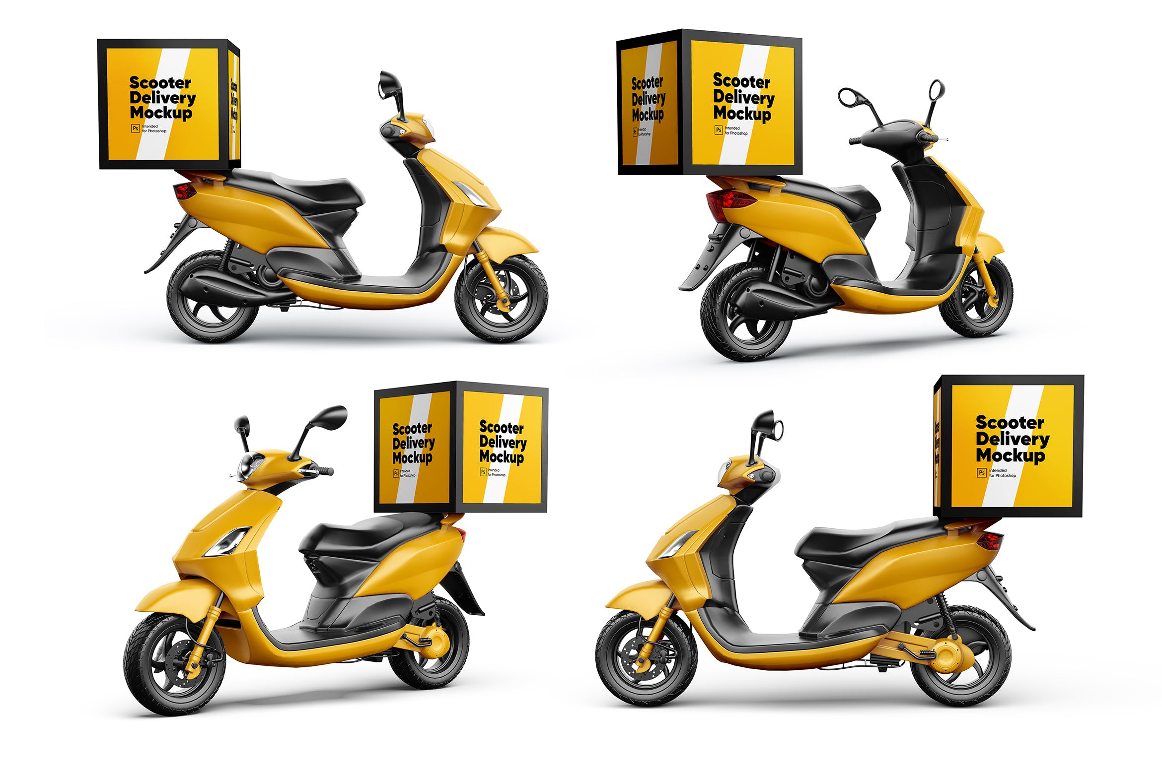 外卖摩托车送餐保温盒广告效果预览模板 Scooter Delivery Mockups Set