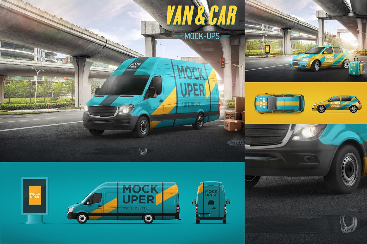 小货车＆汽车车身广告设计效果图样机模板 Van & Car Mock-Ups (2 PSD)