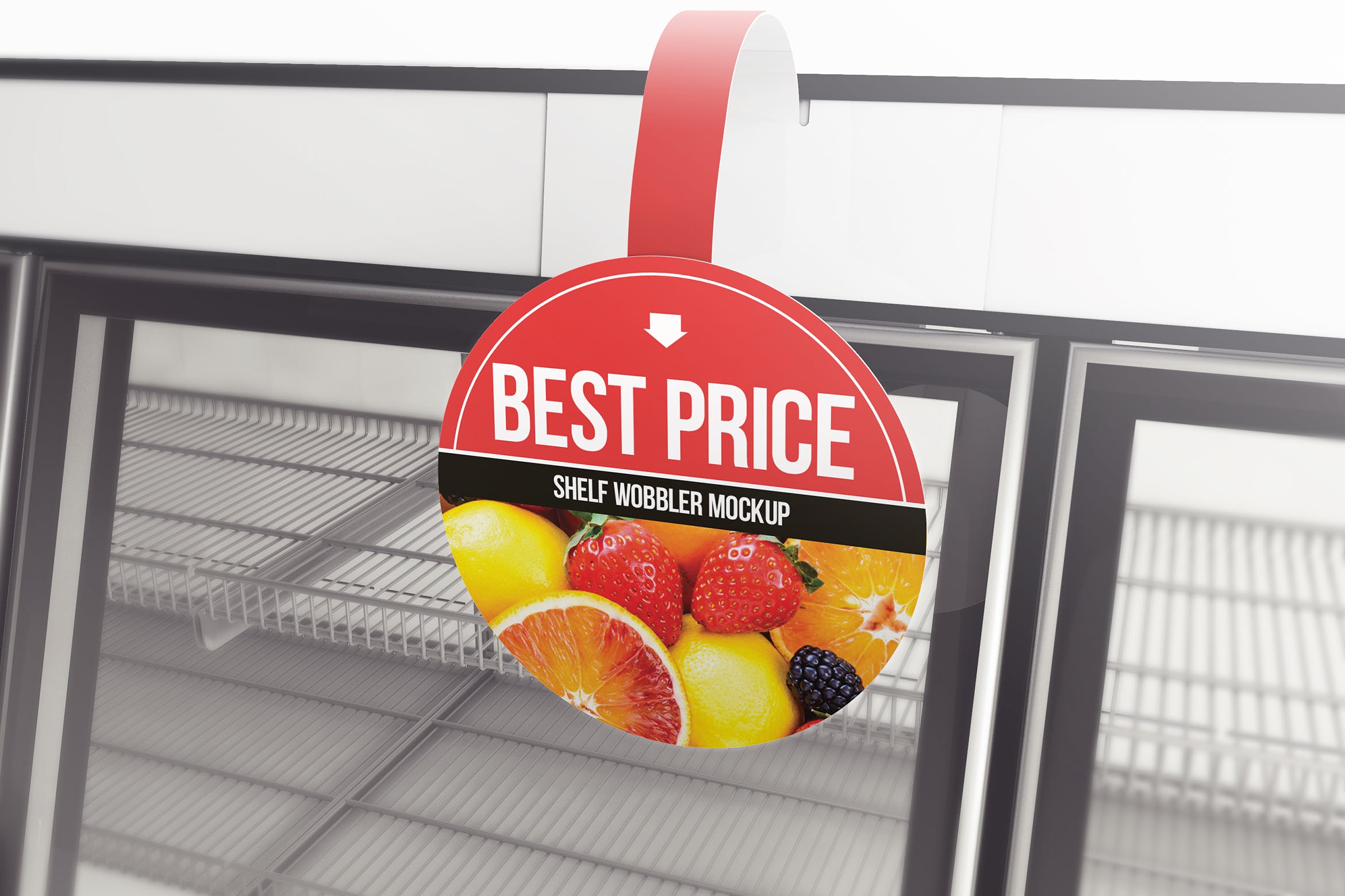 超市货架圆形品牌/促销广告牌样机模板 Circle Shelf Wobbler Mockup