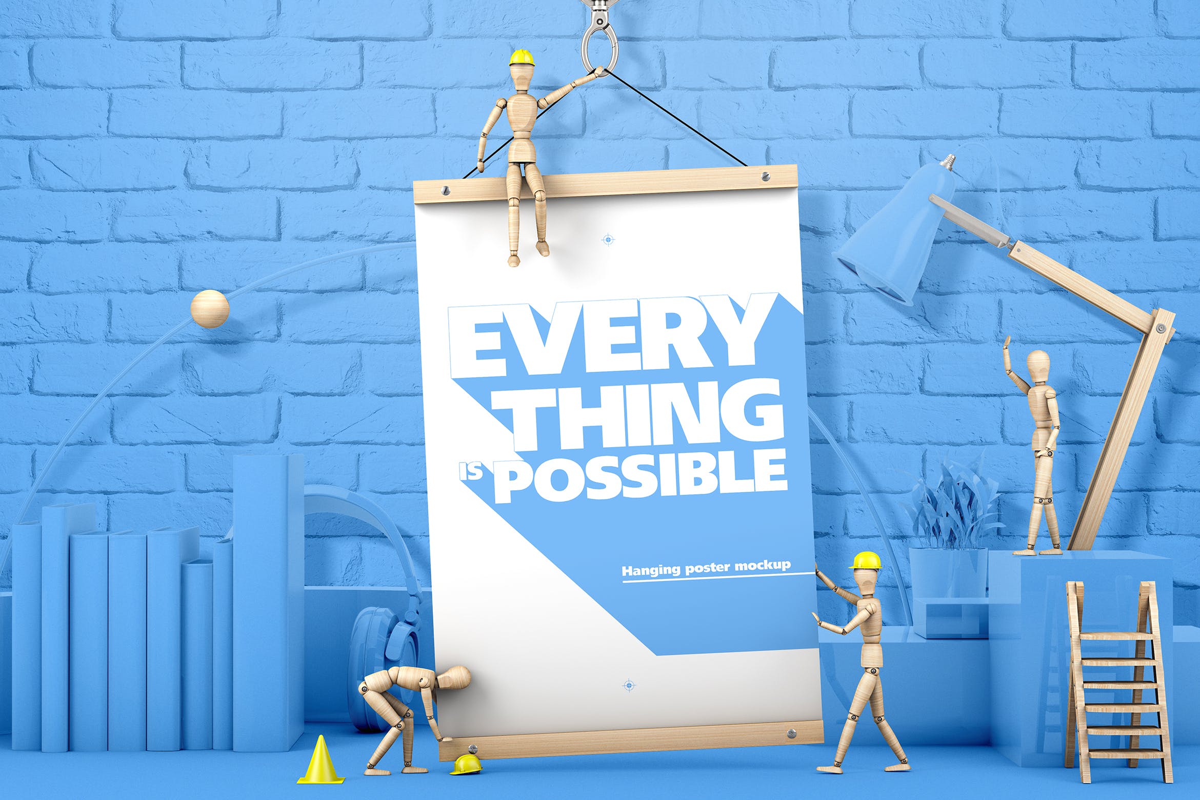 木偶悬挂海报场景海报效果图样机模板 Hanging Poster With Wooden Men Mockup