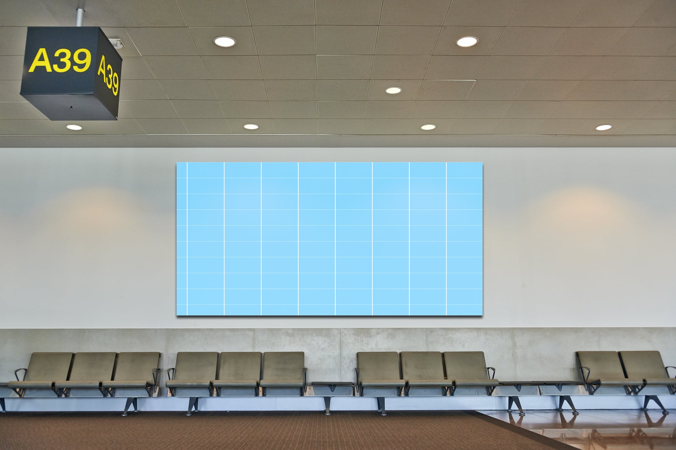 机场候机室挂墙广告大屏幕演示样机模板 Airport_Wall_Mockup