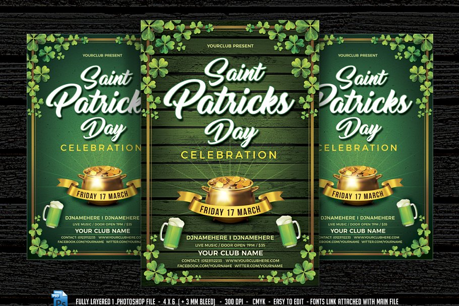 圣帕特里克节绿色派对海报设计模板 Saint Patrick’s Day Party