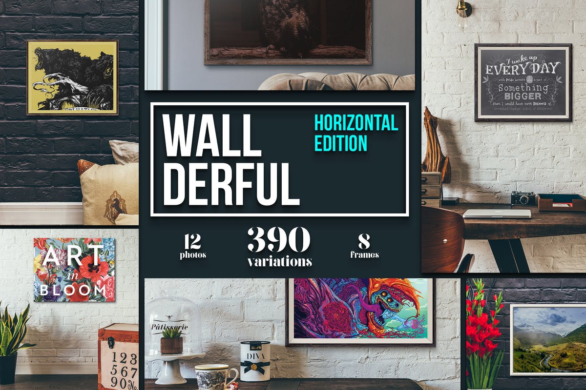 挂墙式画框广告牌样机模板 “Wallderful” – Horizontal Mockups
