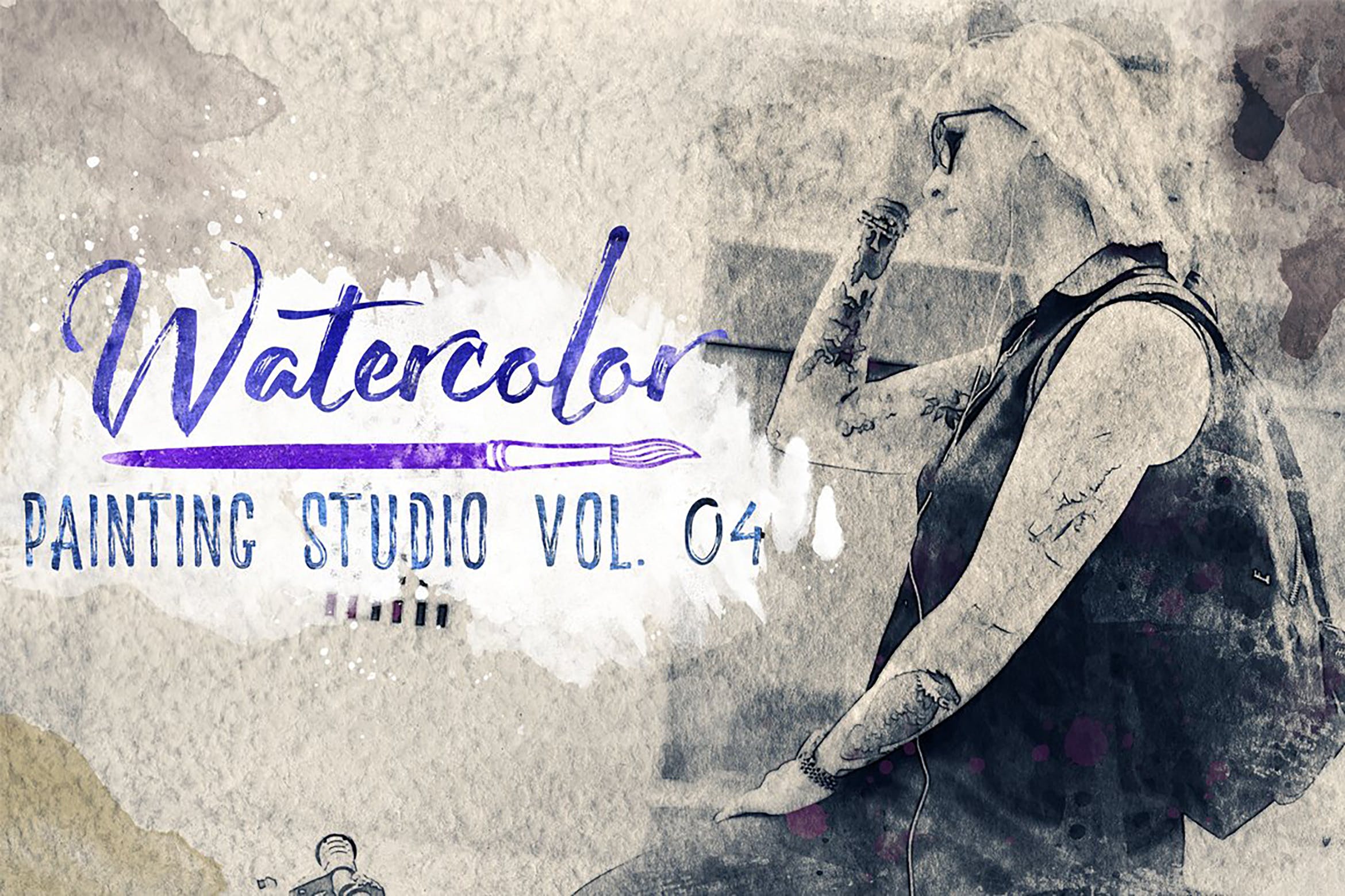 水彩绘画照片效果样机psd模板v4 Watercolor Painting Studio Vol. 04