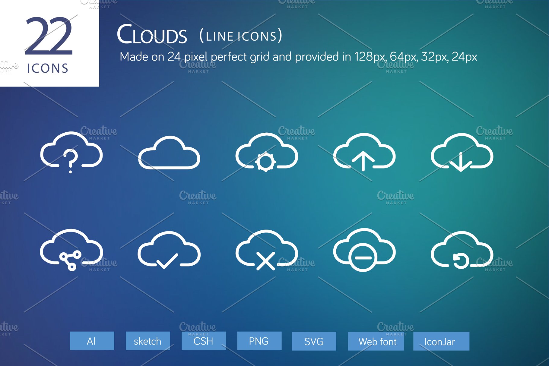 云存储矢量图标素材 22 Clouds Line Icons