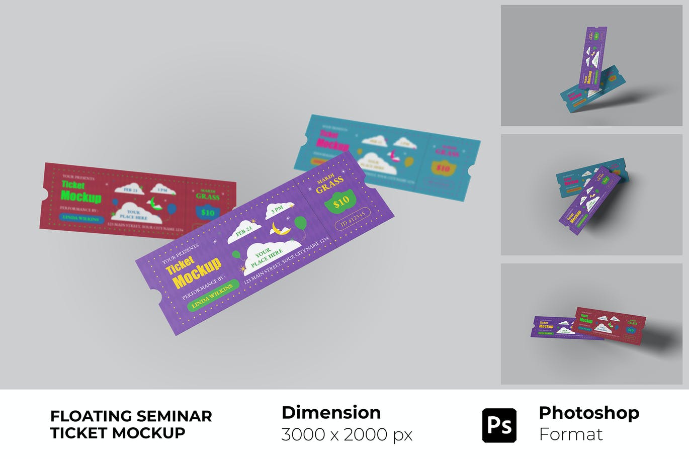 浮动研讨会门票设计样机素材 Floating Seminar Ticket Mockup
