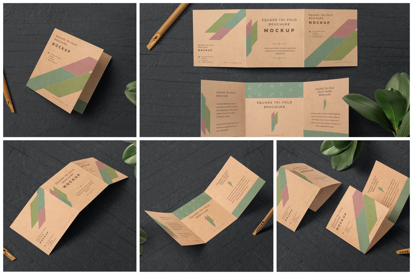 方形三折页牛皮纸传单样机素材 Square Trifold Kraft Flyer Mockups