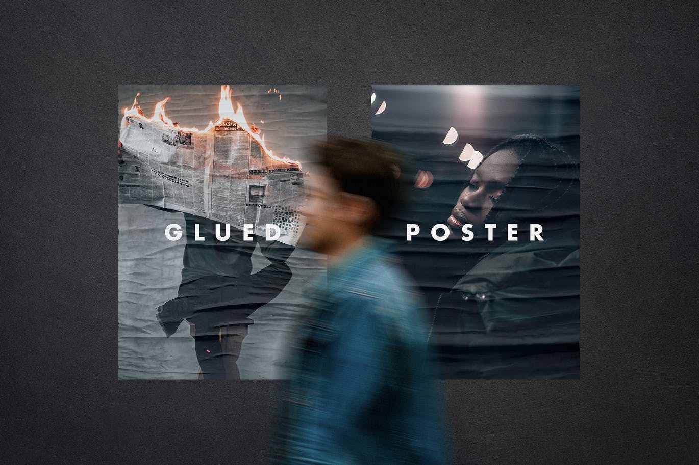 街道场景胶粘皱褶海报样机 Glued Poster Mockup Scene