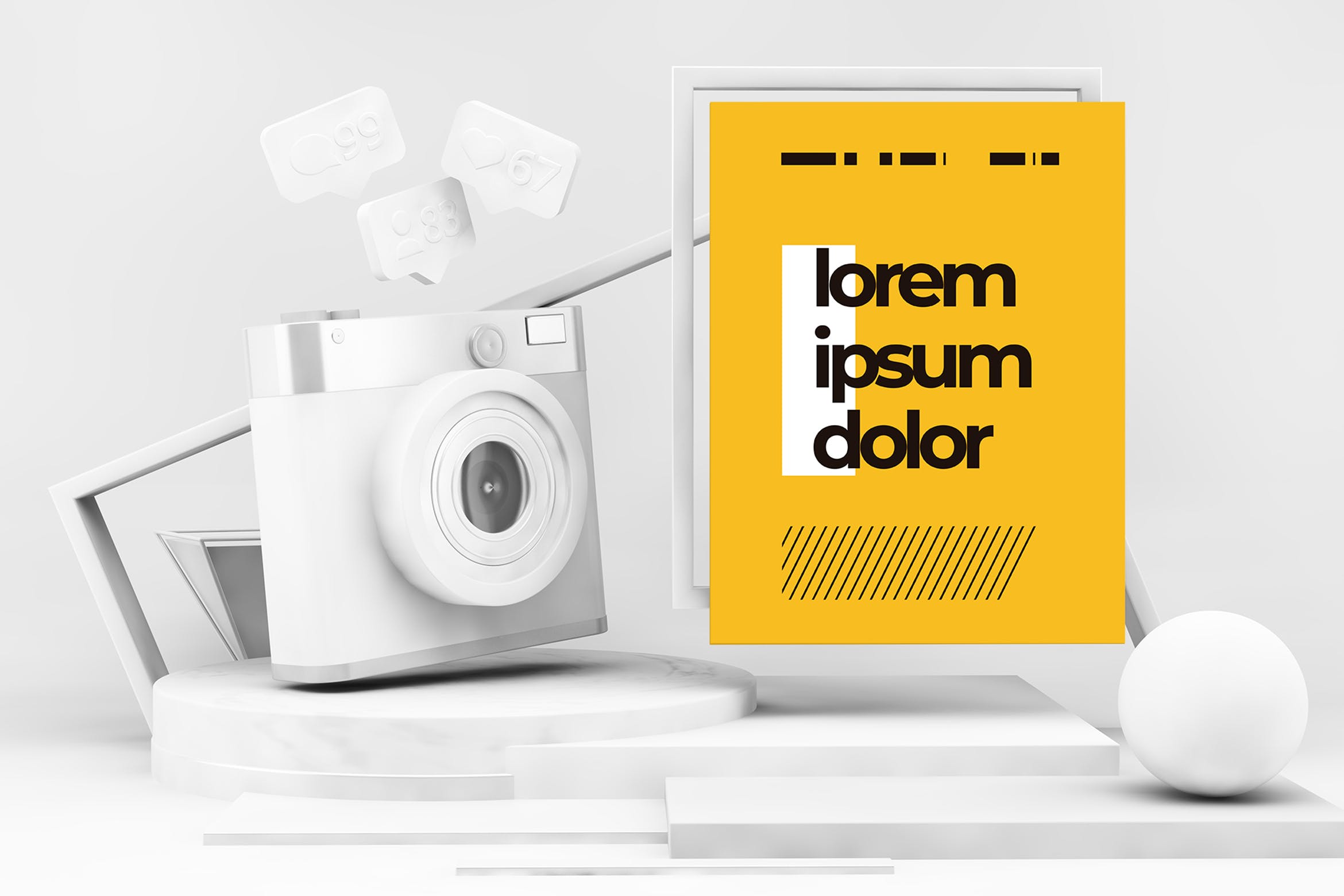 白色平台社交媒体相机元素海报展示样机 White Podium with Social Media Camera and Poster