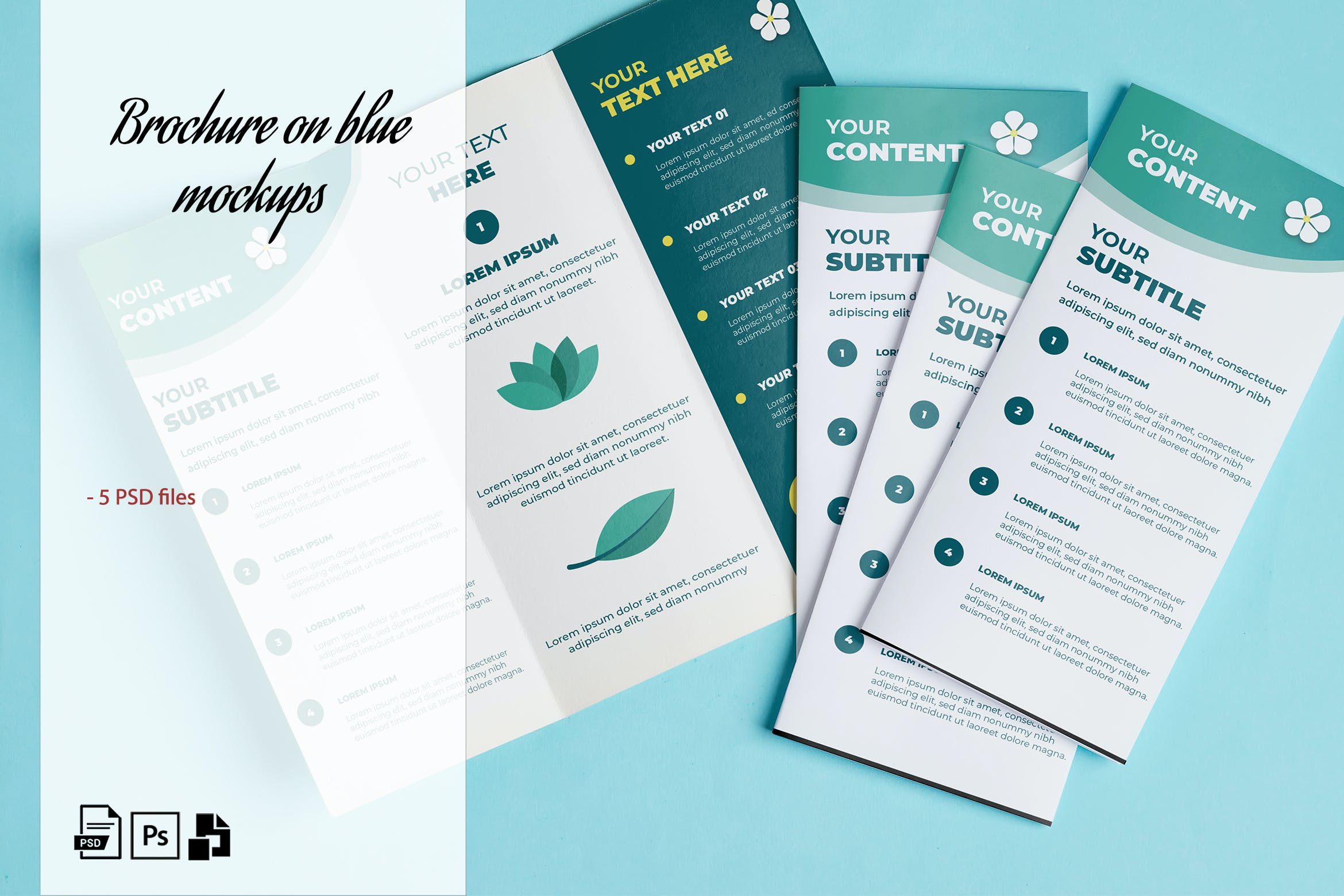 蓝色背景宣传册/小册子设计样机模板 Mockup brochures & backdrop on blue