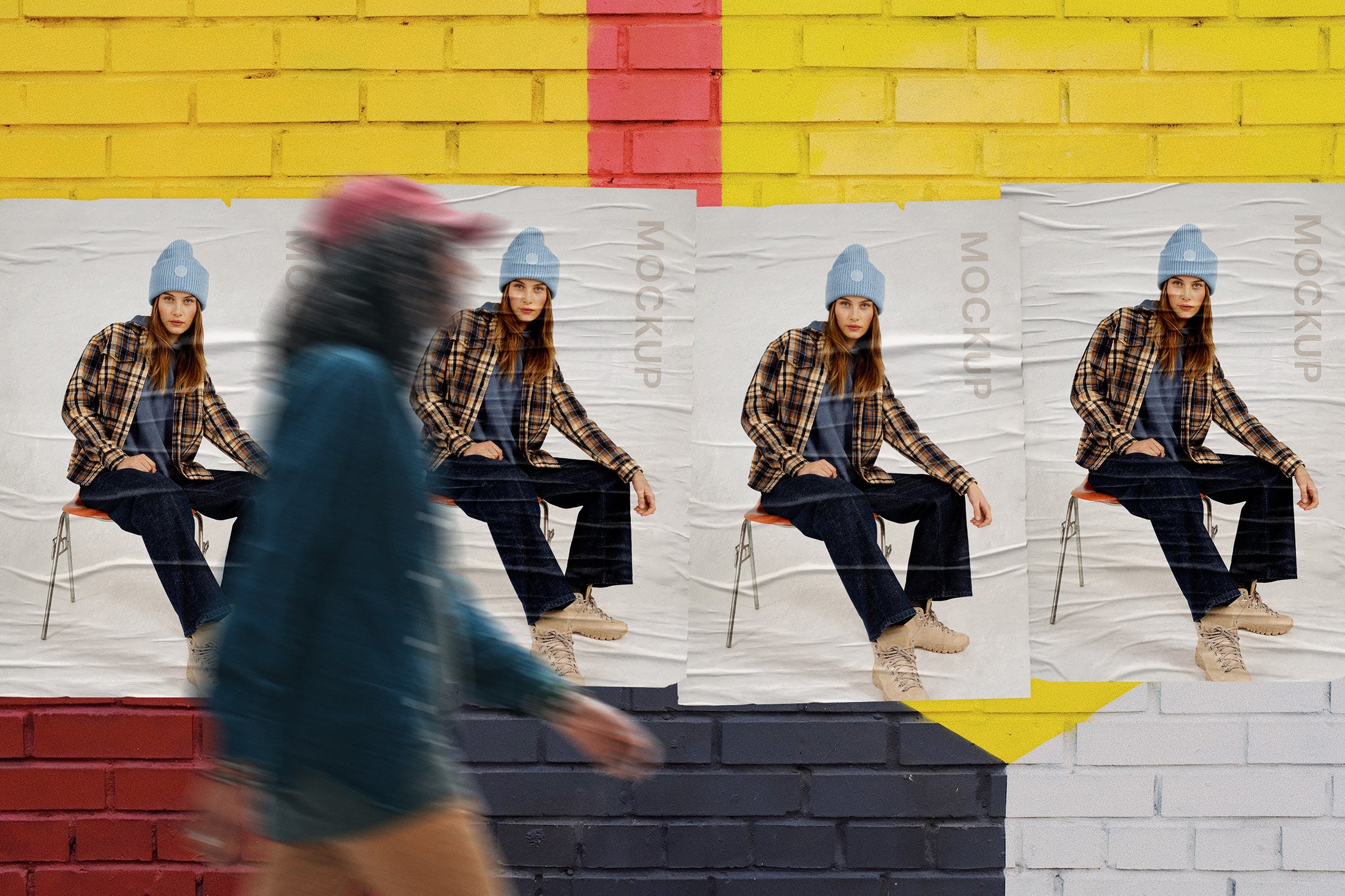 户外砖墙粘贴海报样机素材 Outdoor Glued Posters Mockup