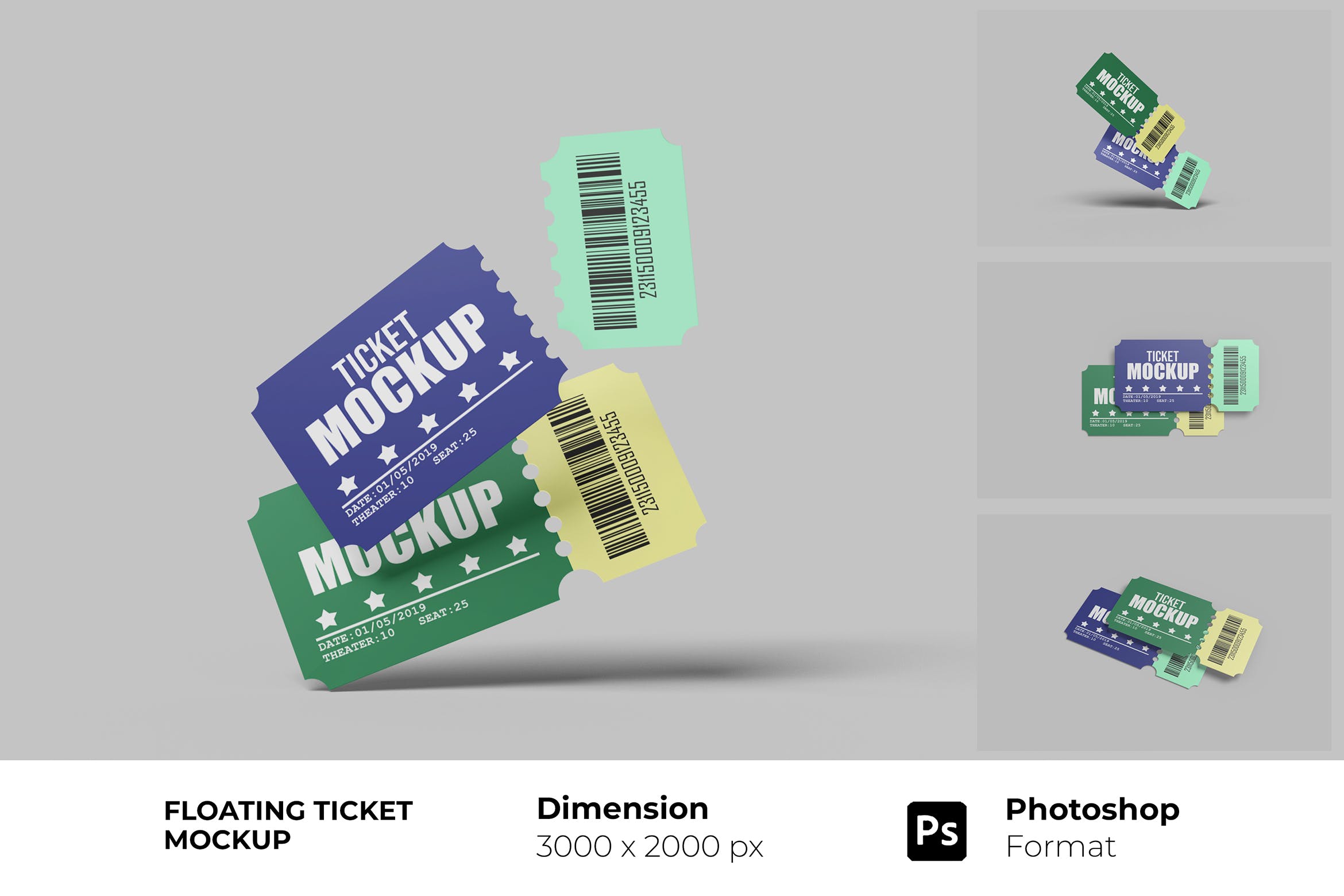 多视图浮动门票样机模板合集 Floating Ticket Mockup