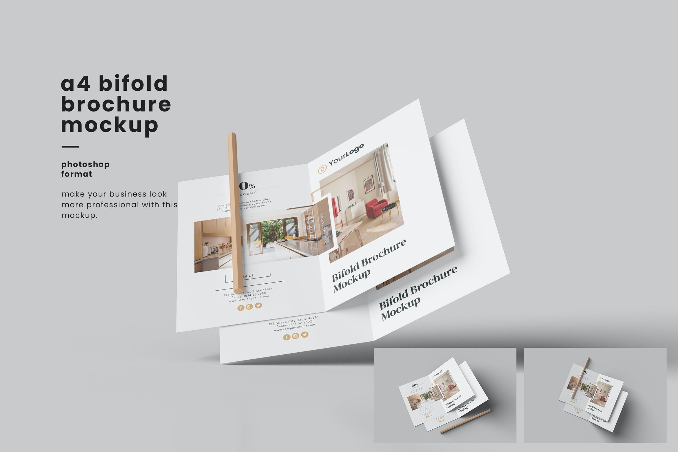 简约的A4双折广告小册子设计样机 Clean A4 Bifold Brochure Mockup