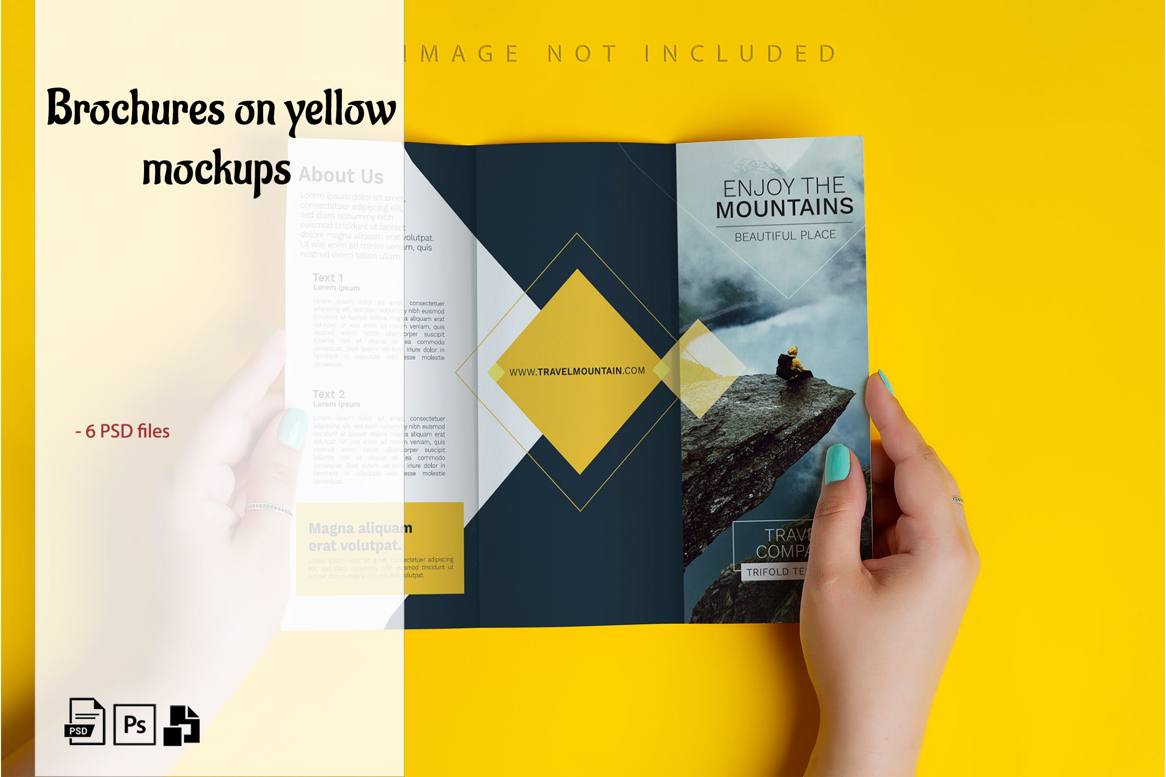 旅行广告小册子设计样机素材 Brochures on yellow mockup set