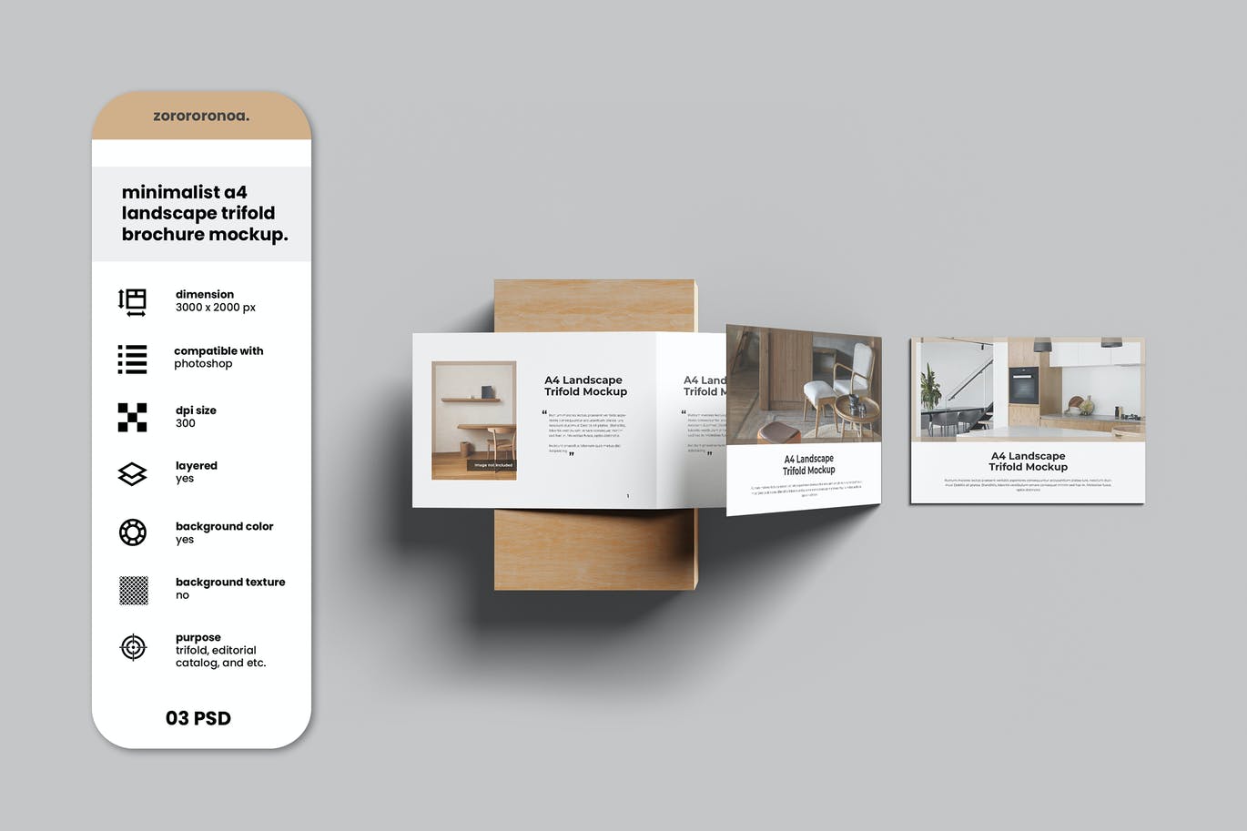 极简横版A4尺寸三折页小册子设计样机素材 Minimalist A4 Landscape Trifold Brochure Mockup