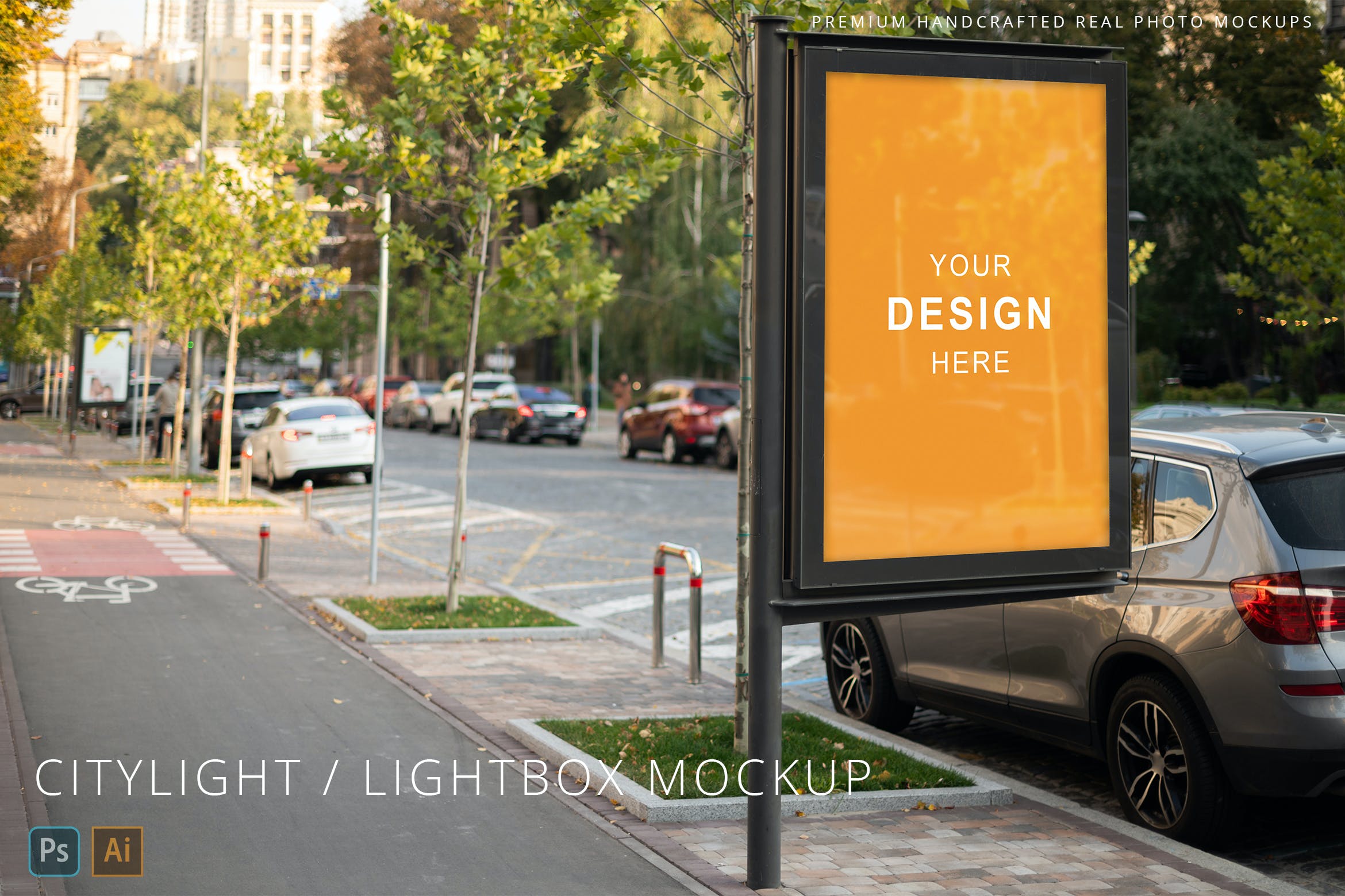 秋季城市街道灯箱广告海报展示样机v3 Citylight / Lightbox Poster Autumn Street Mockup