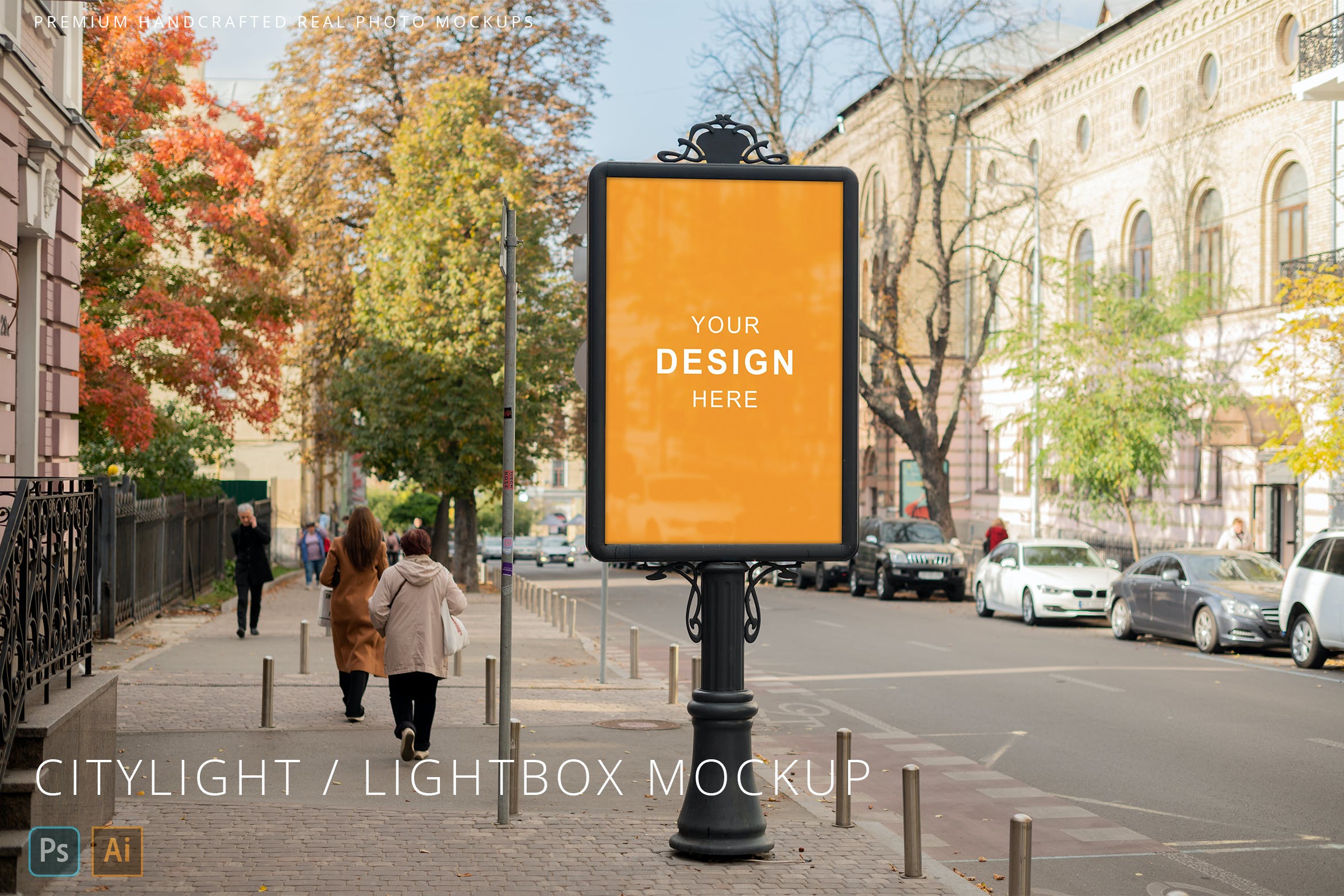 秋季城市街道灯箱广告海报展示样机v2 Citylight / Lightbox Poster Autumn Street Mockup