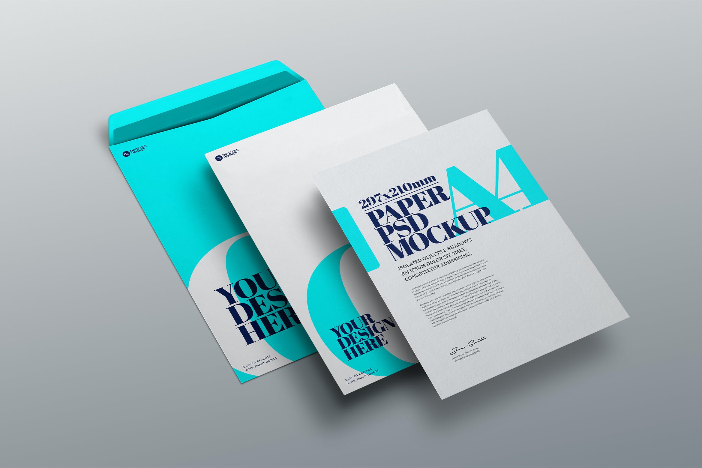 C4信封&A4纸张透视样机 Envelope Mockup C4 A4 Paper Perspective