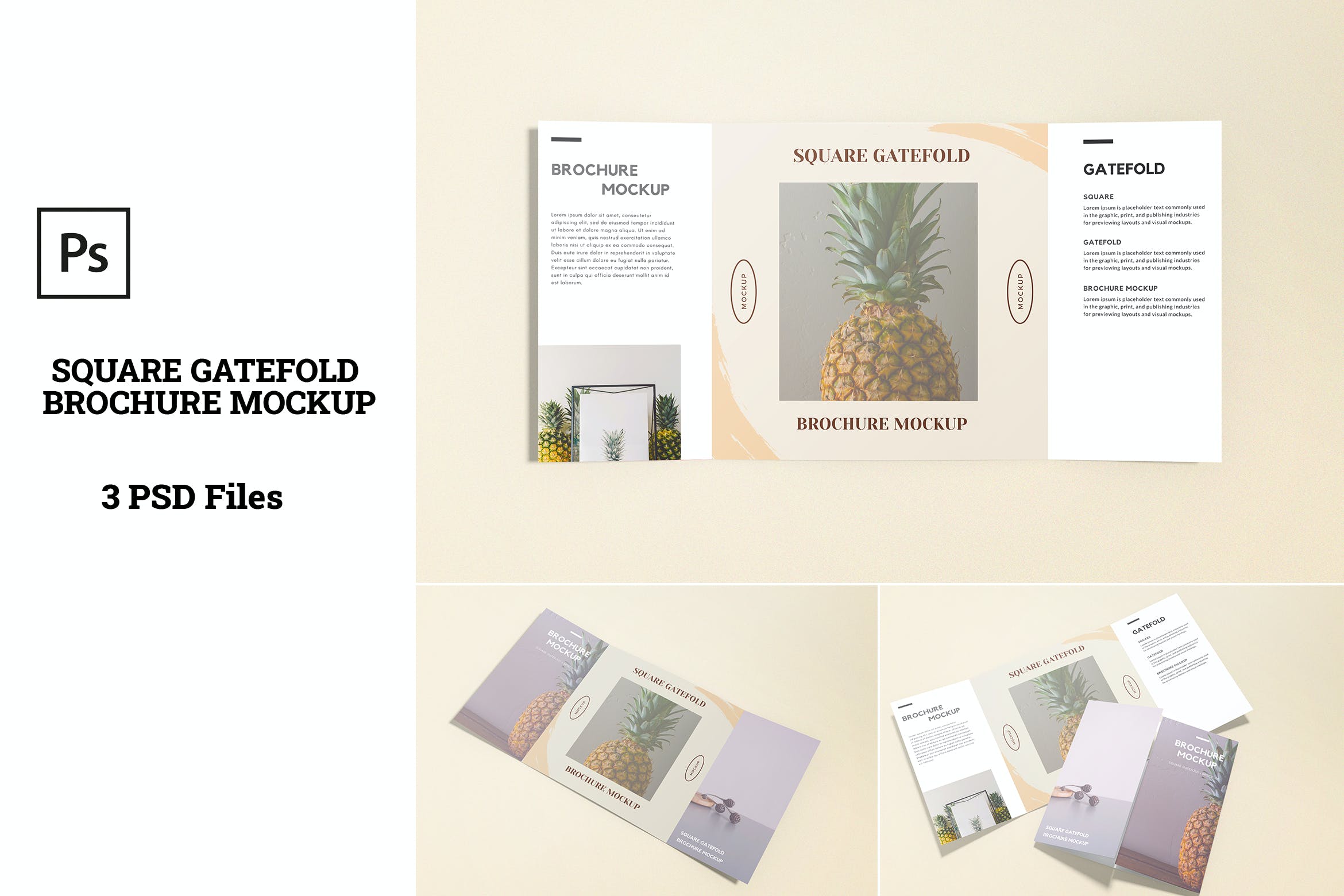 方形对折页小册子设计样机 Square Gatefold brochure mockup