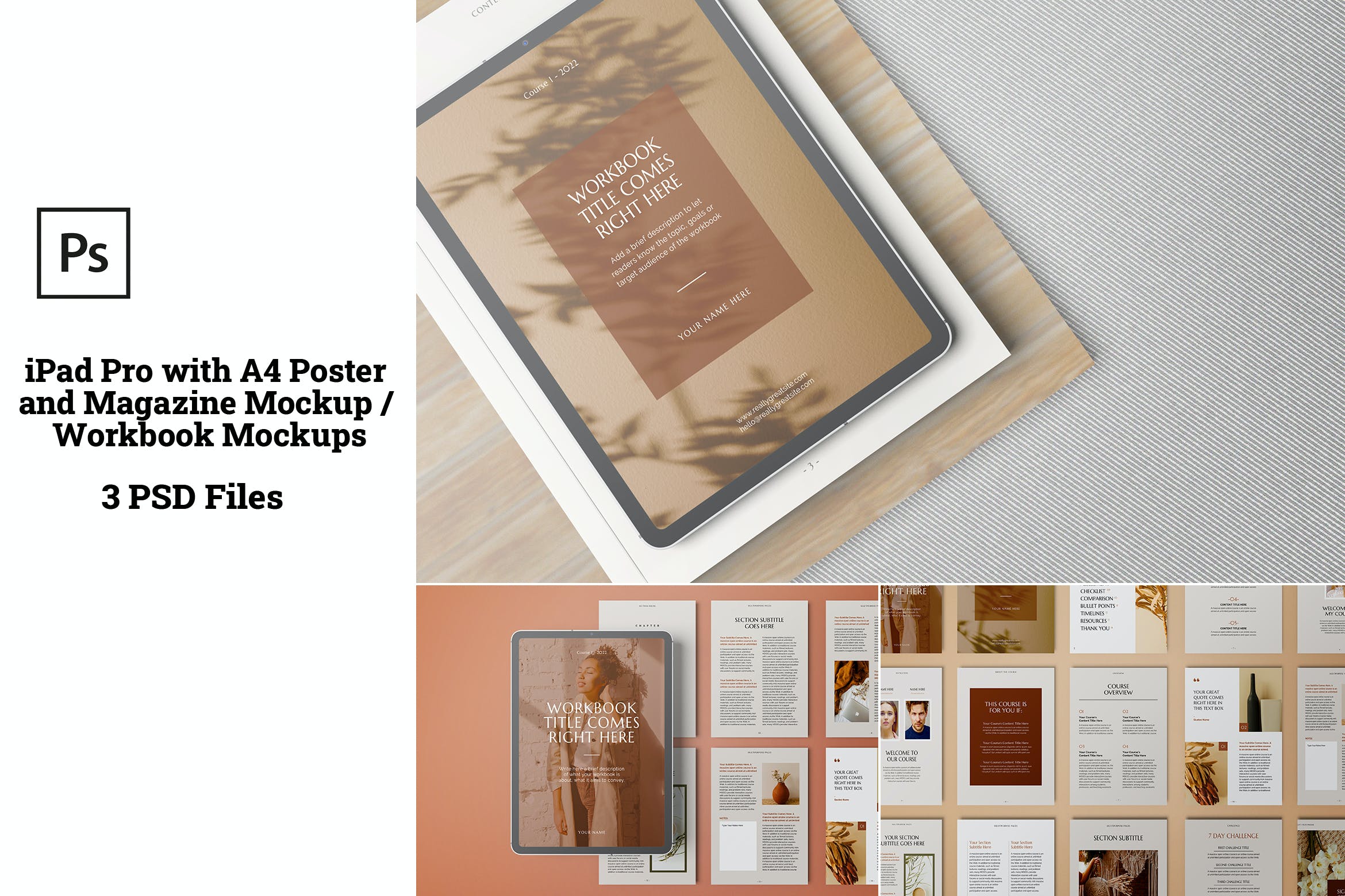 iPad Pro/A4尺寸海报/杂志样机 iPad Pro with A4 Poster and Magazine Mockups