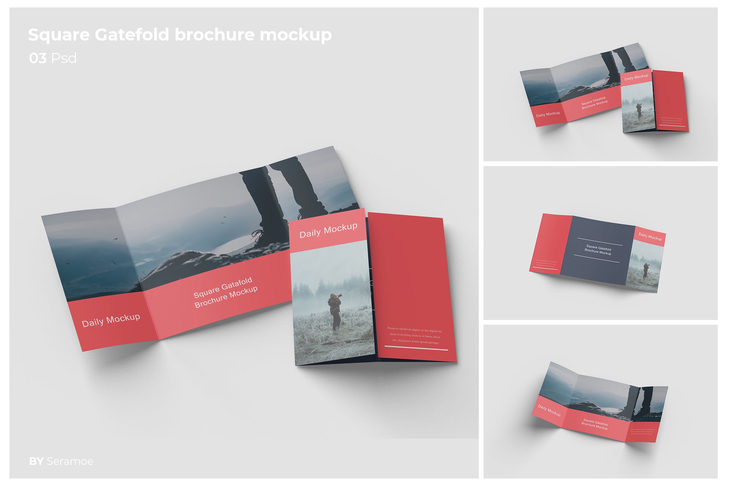 方形折叠小册子设计样机 Square Gatefold brochure mockup