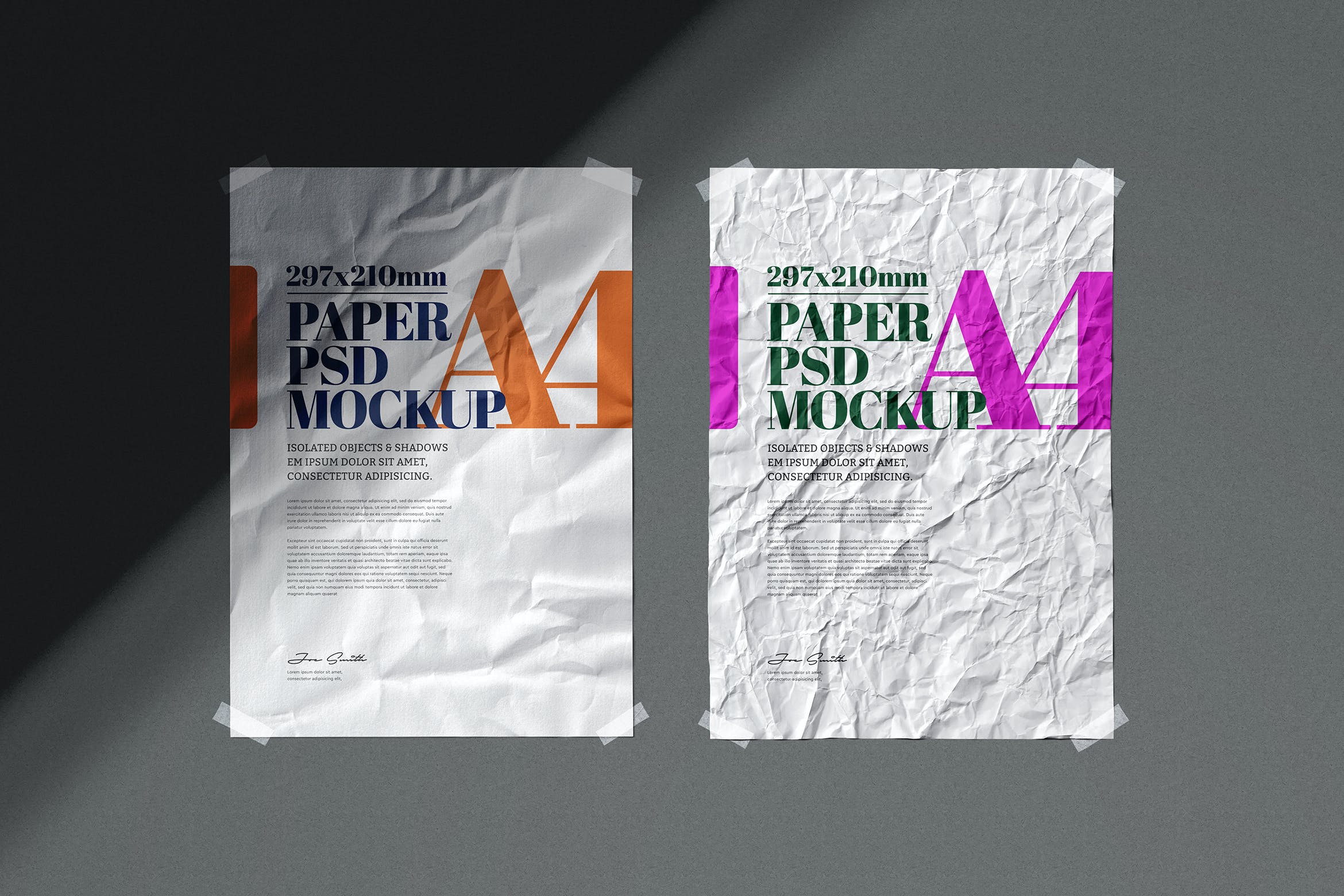 皱巴巴的A4胶粘传单海报样机 A4 Flyer Mockup Crumpled Adhesive Duct Strip