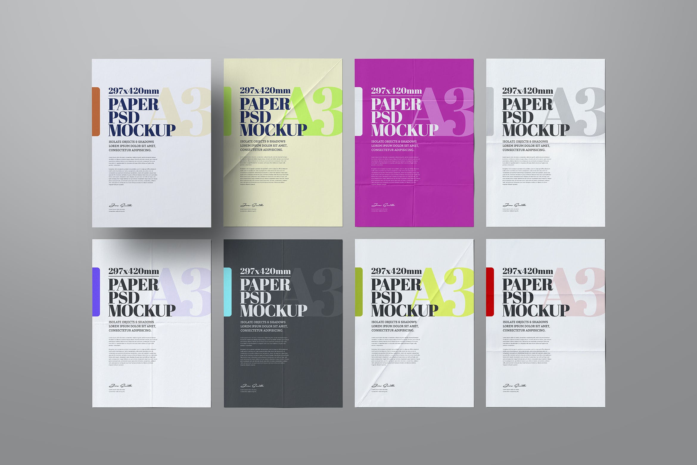 折叠纸纹A3传单海报样机套装 Folded Paper Mockup Set A3 Flyer Poster