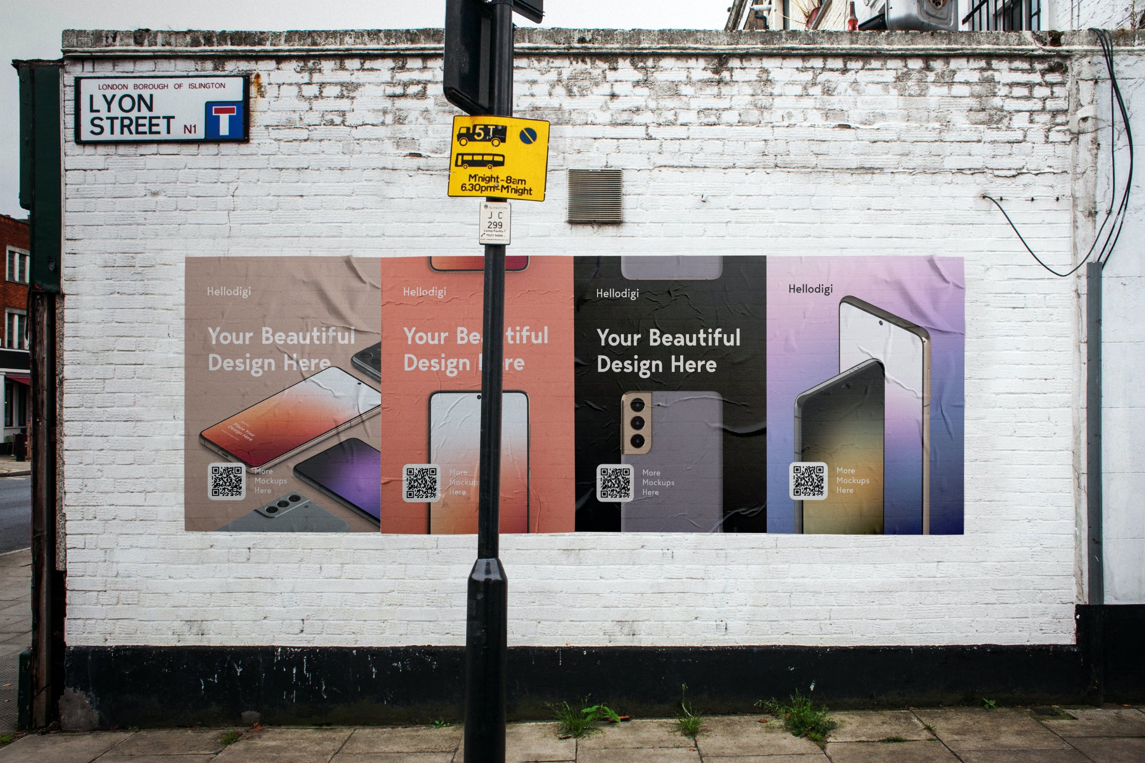 街道白色砖墙海报展示样机 Wall Poster Mockup