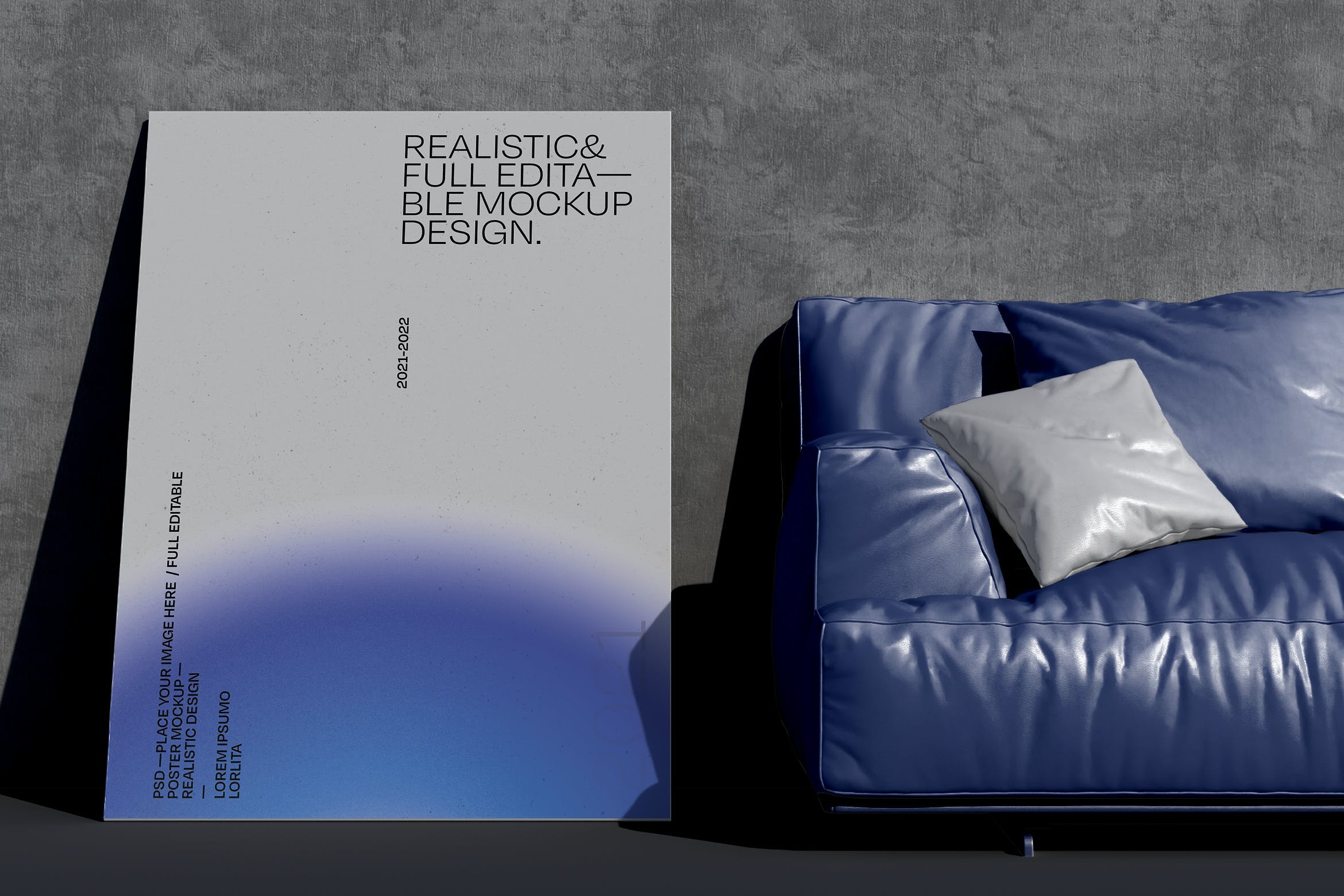 沙发石墙背景海报作品展示样机 Poster on Floor Mockup