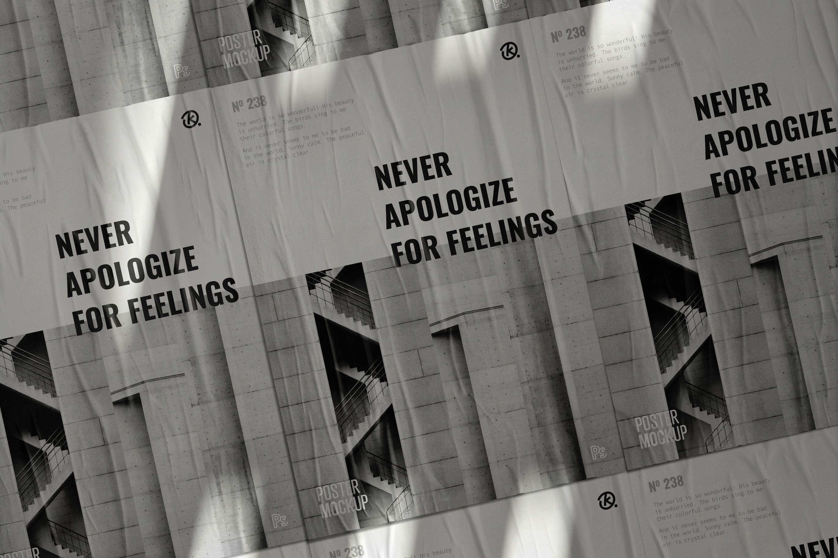 墙体皱纹胶合海报效果图样机 Wall with Glued Posters Mockup