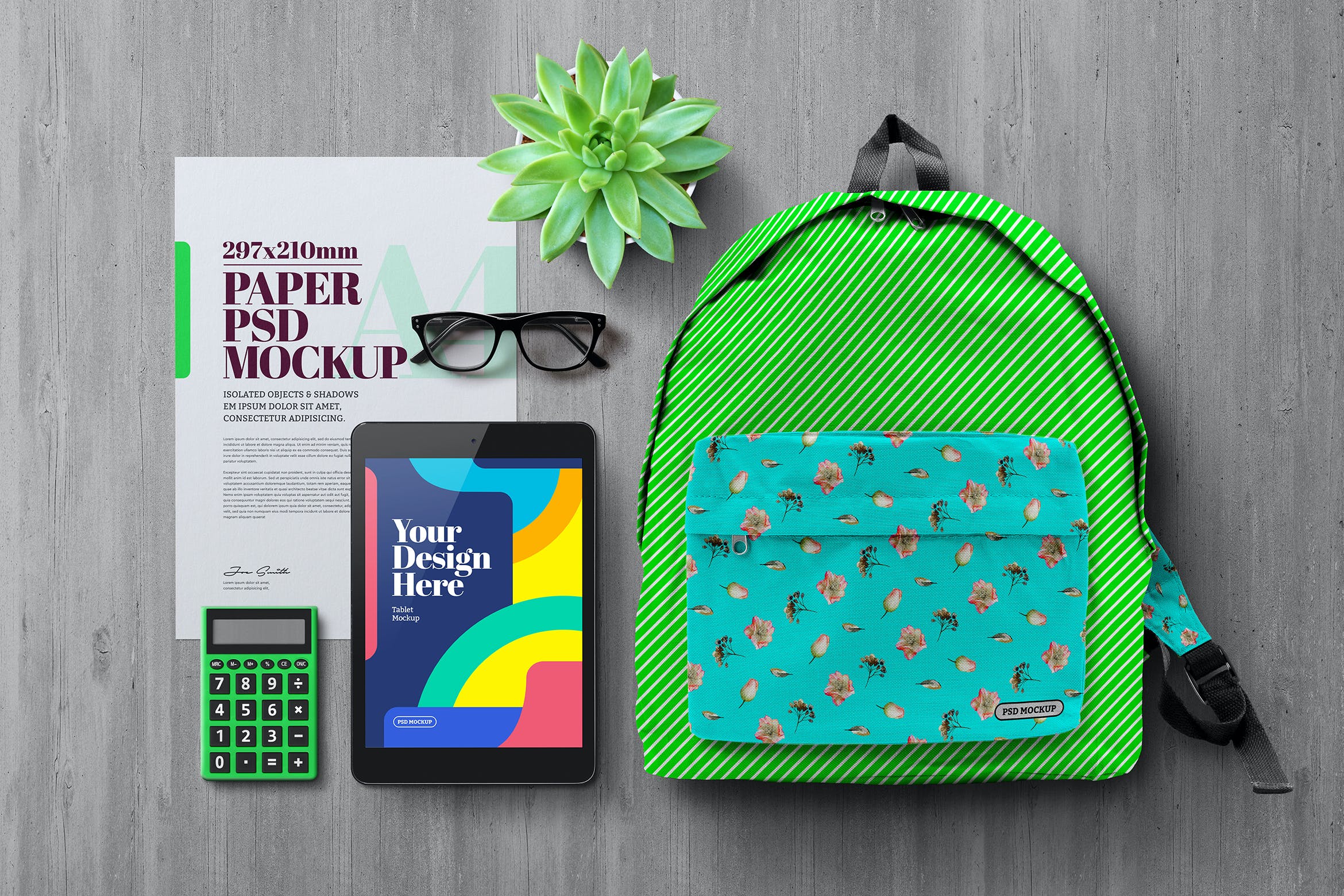 书包学习文具纸张&iPad样机 Back to School Mockup Scene