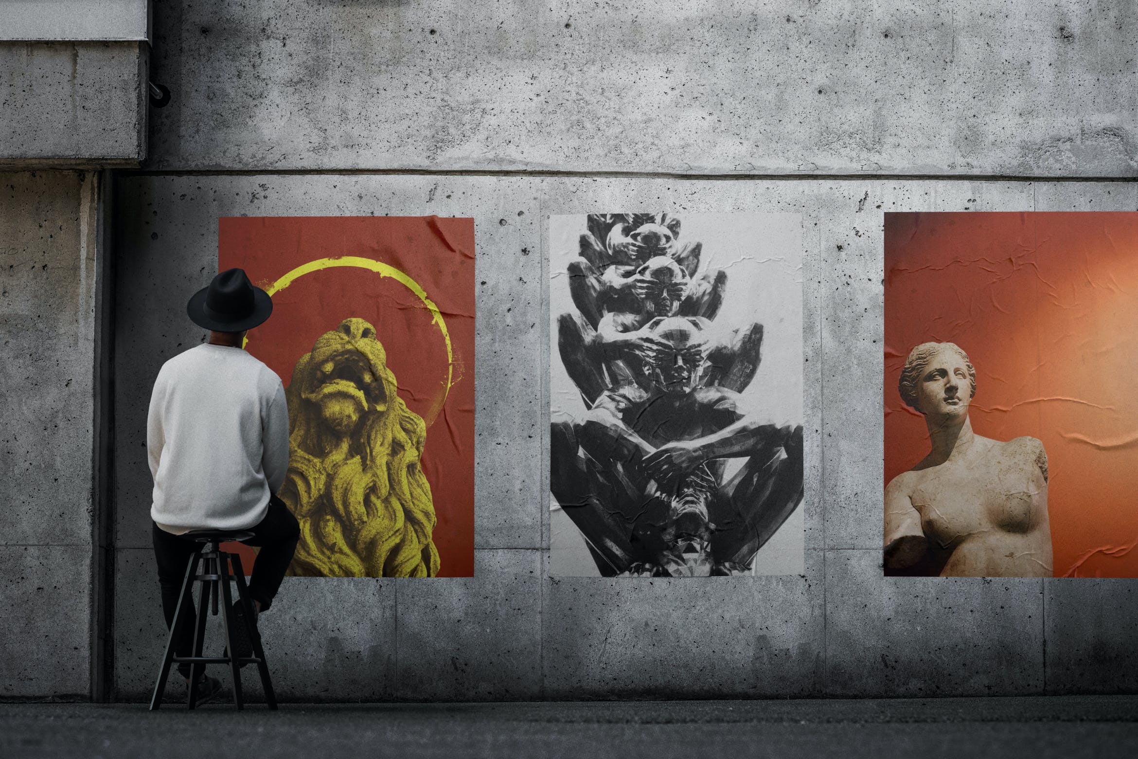 石墙艺术海报作品展示样机 Wall Poster Mockup