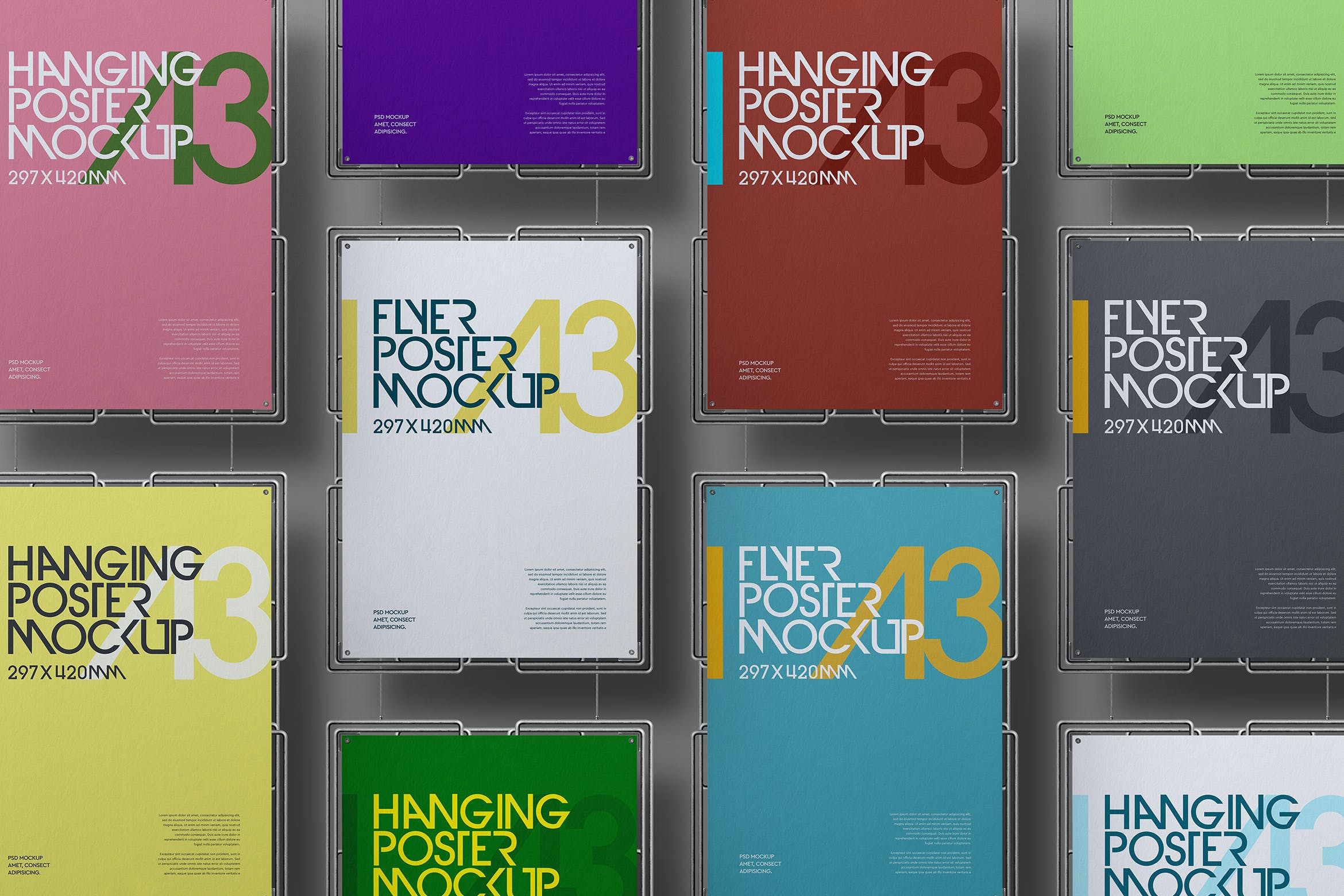 悬挂金属框架A3海报样机套装 Hanging Mockup A3 Poster Metal Frame Set