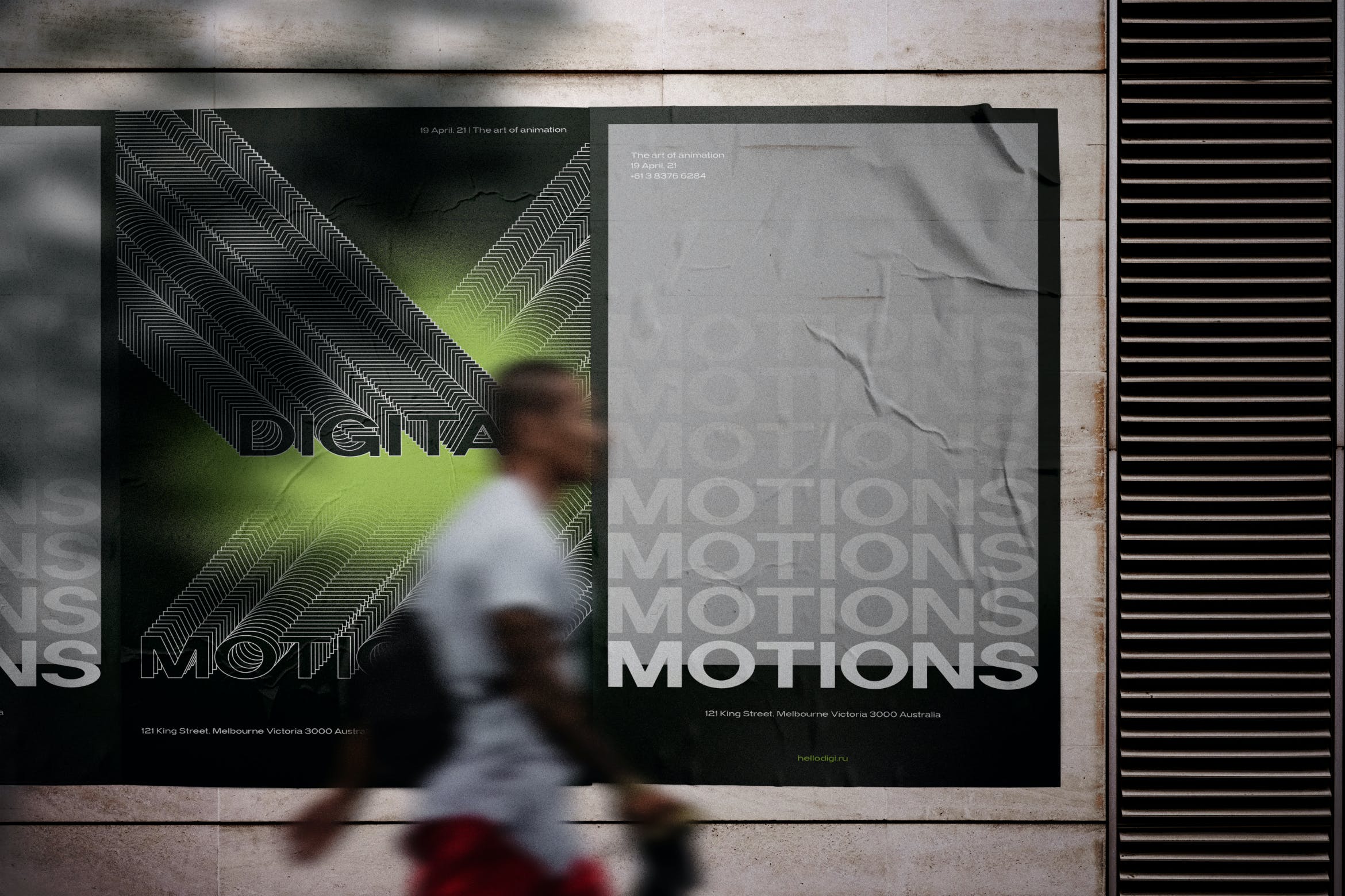 城市墙体皱巴巴的海报样机 Urban crumpled poster mockup on the wall