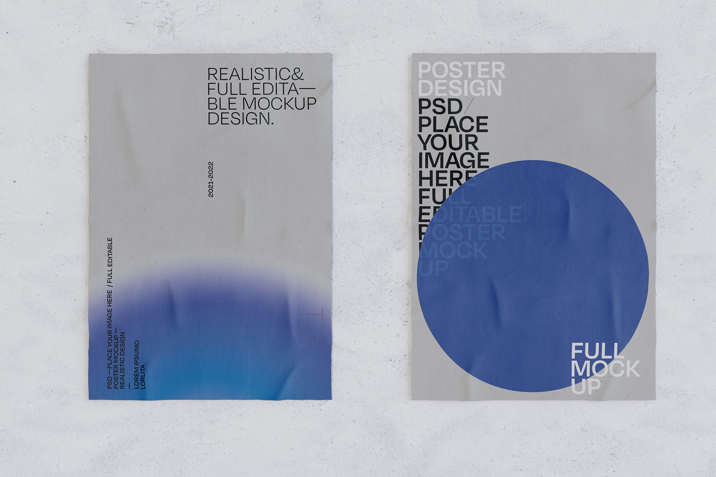 两个皱纹海报纸张样机 Two Crumpled Poster Mockup