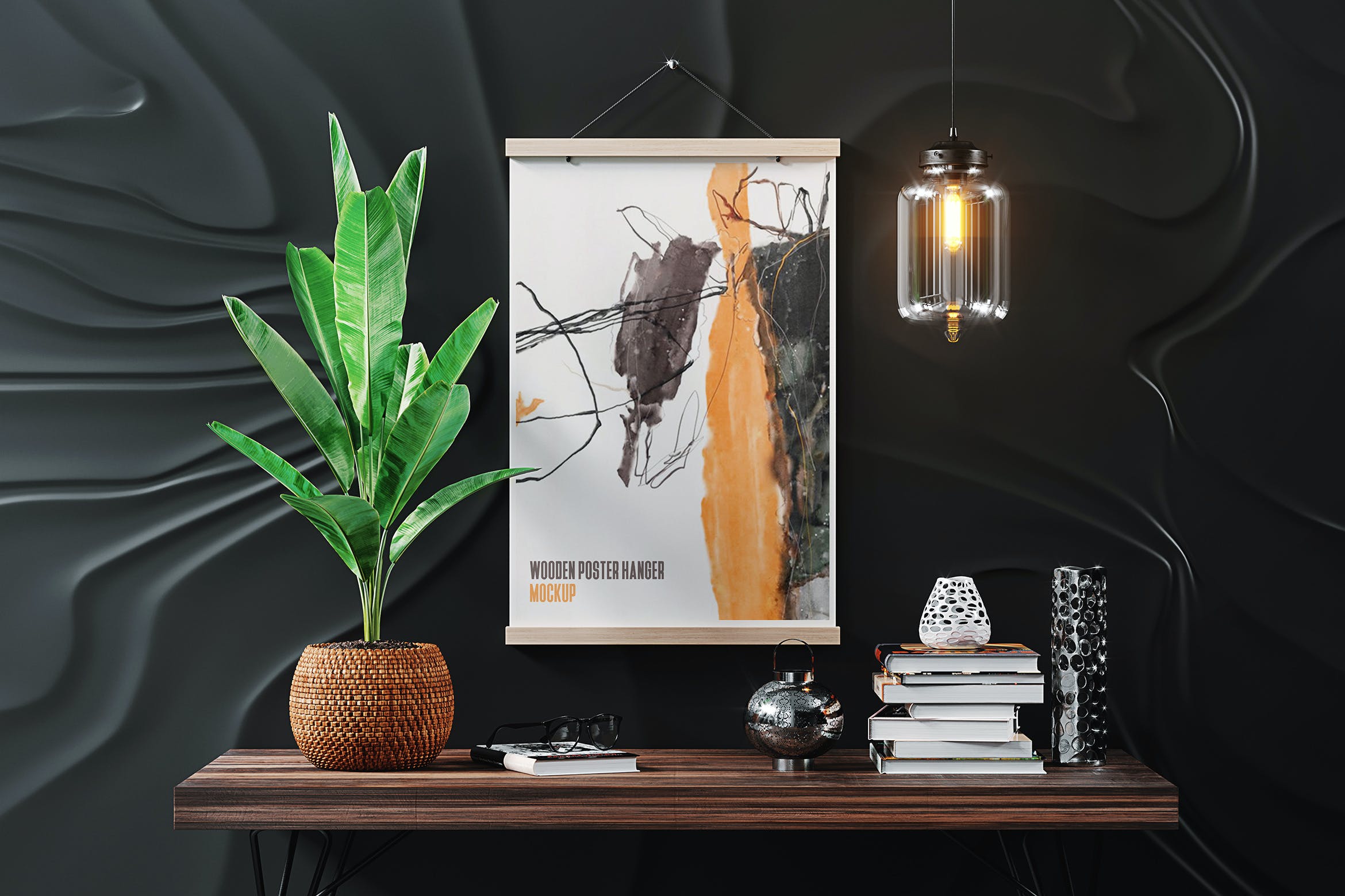 木制衣架海报展示样机 Wooden Poster Hanger Mockup